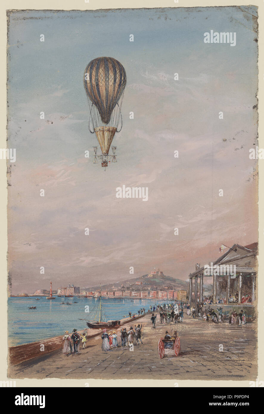 175 palloncino con paracadute e propulsori, associato con Francesco Orlandi, sorvolando una città porto e spettatori, possibilmente durante una salita in Italia tra il 1820 e il 1850 LCCN2002735690 Foto Stock