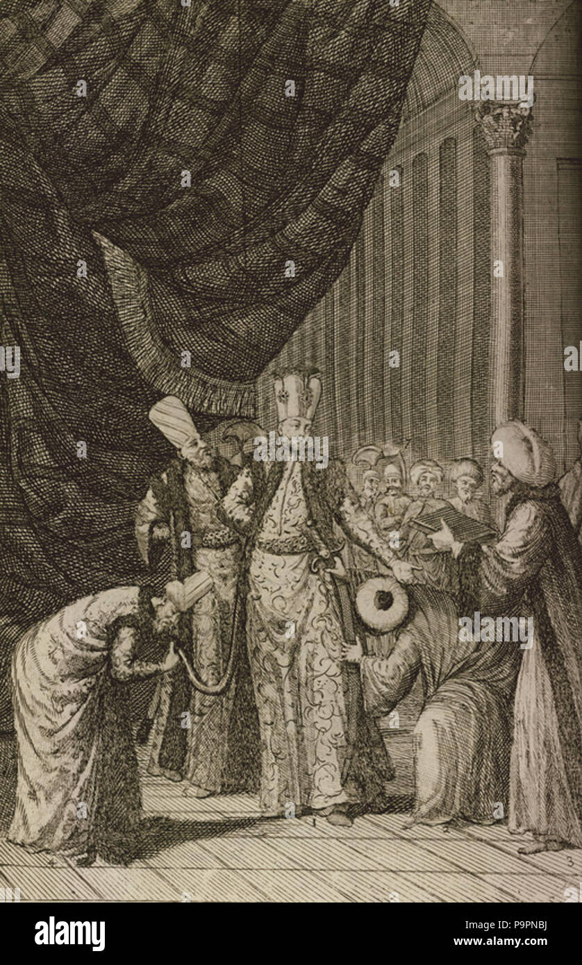 106 Ahmed III è problaimed sultano e si prepara a cingere la spada di Osman accanto a lui un leader religioso, probabilmente Sh - La Mottraye Aubry De - 1727 Foto Stock