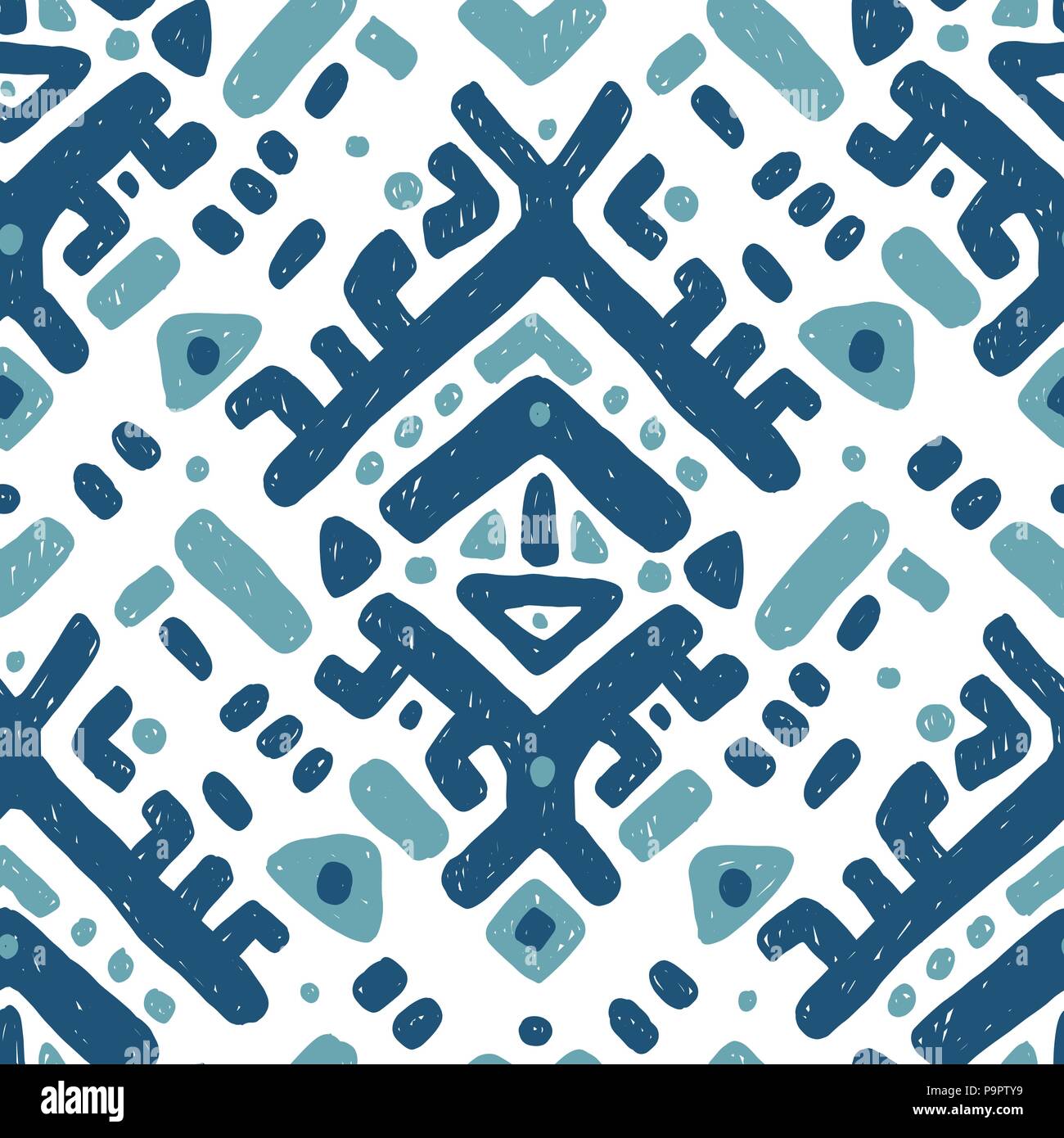 Ornamento ikat mostrando. Modello di tribali in stile azteco. Disegnata a mano folklore pattern senza giunture Illustrazione Vettoriale