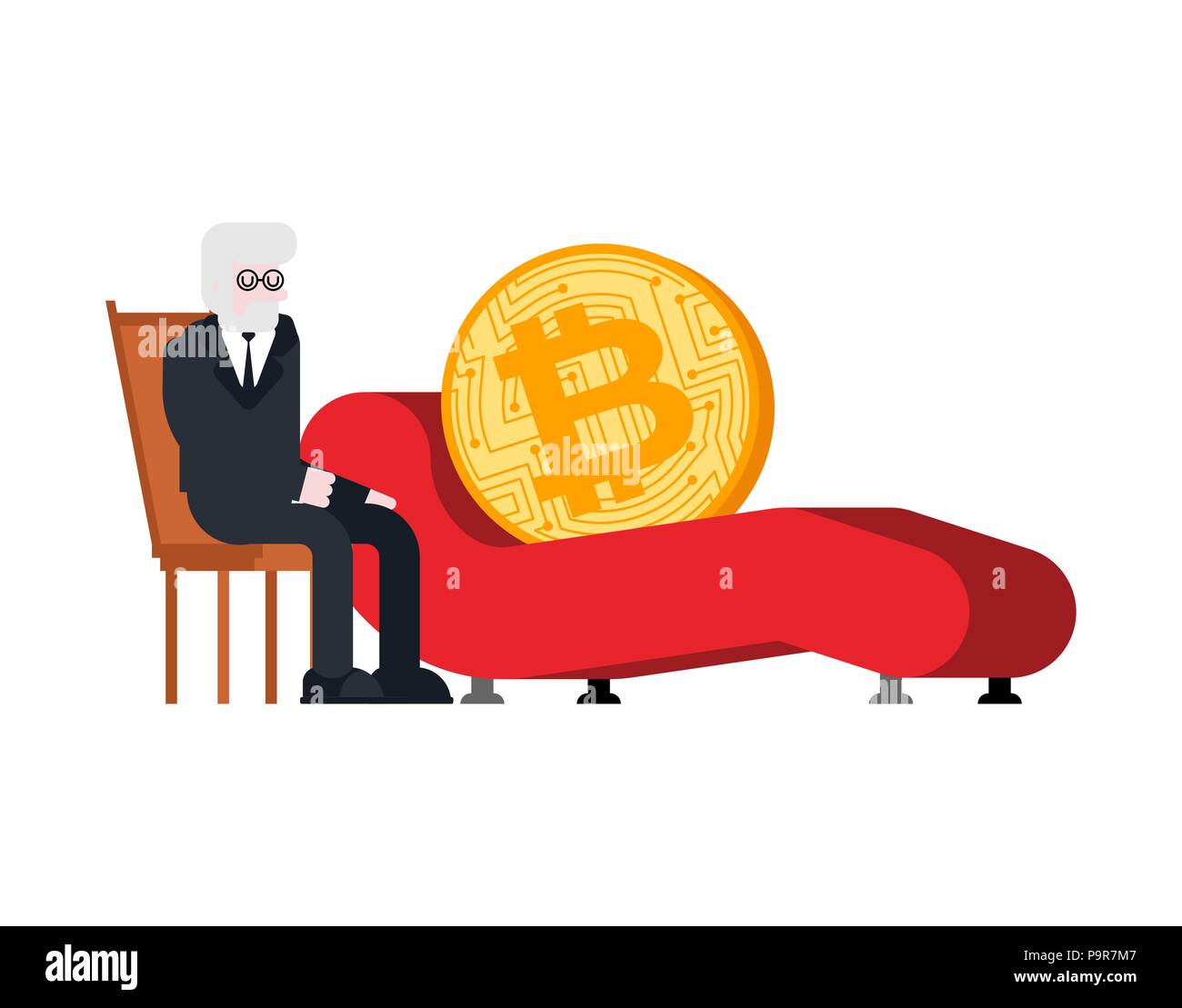 Bitcoin Ricezione di psicoterapeuta. Crypto moneta e psicologo. Illustrazione Vettoriale. Illustrazione Vettoriale