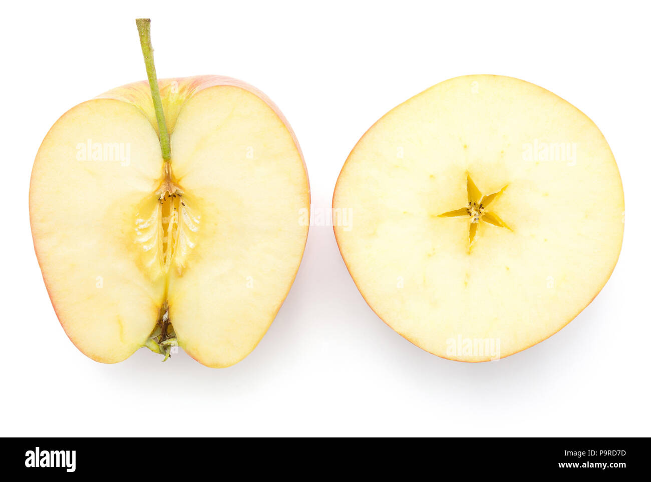 Confronto tra due metà di apple (Evelina varietà) vista dall'alto isolato su sfondo bianco Foto Stock