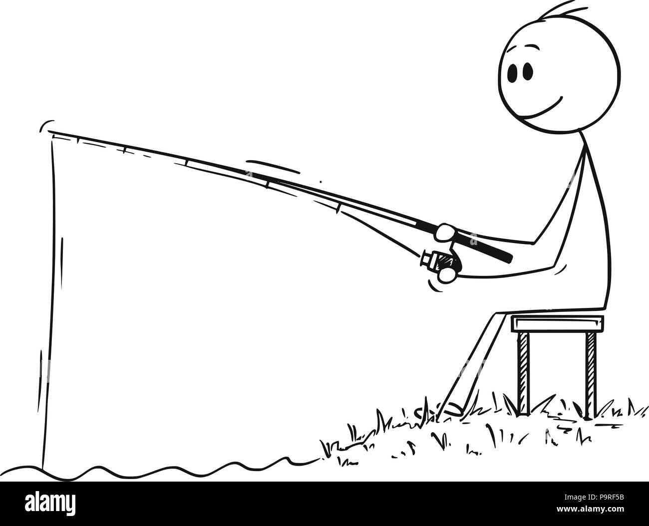 Cartoon di uomo o pescatore di pesca sul fiume o lago Illustrazione Vettoriale