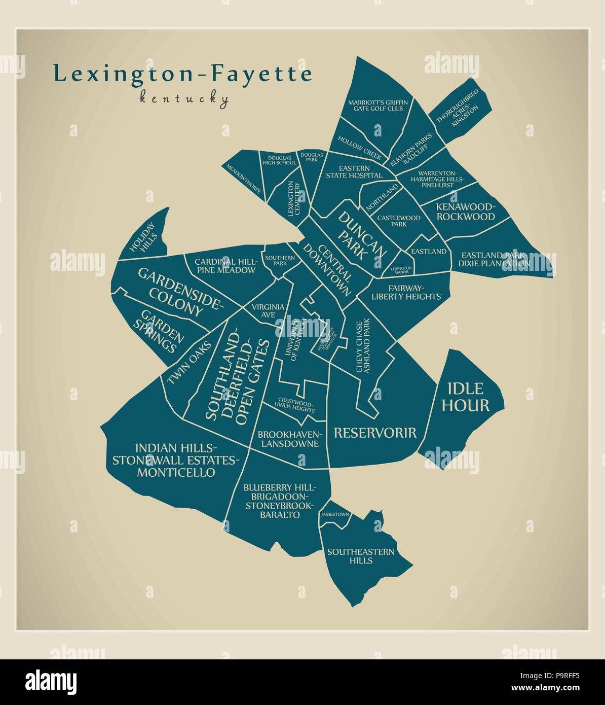 Città moderna mappa - Lexington-Fayette Kentucky città degli Stati Uniti con i quartieri e titoli Illustrazione Vettoriale