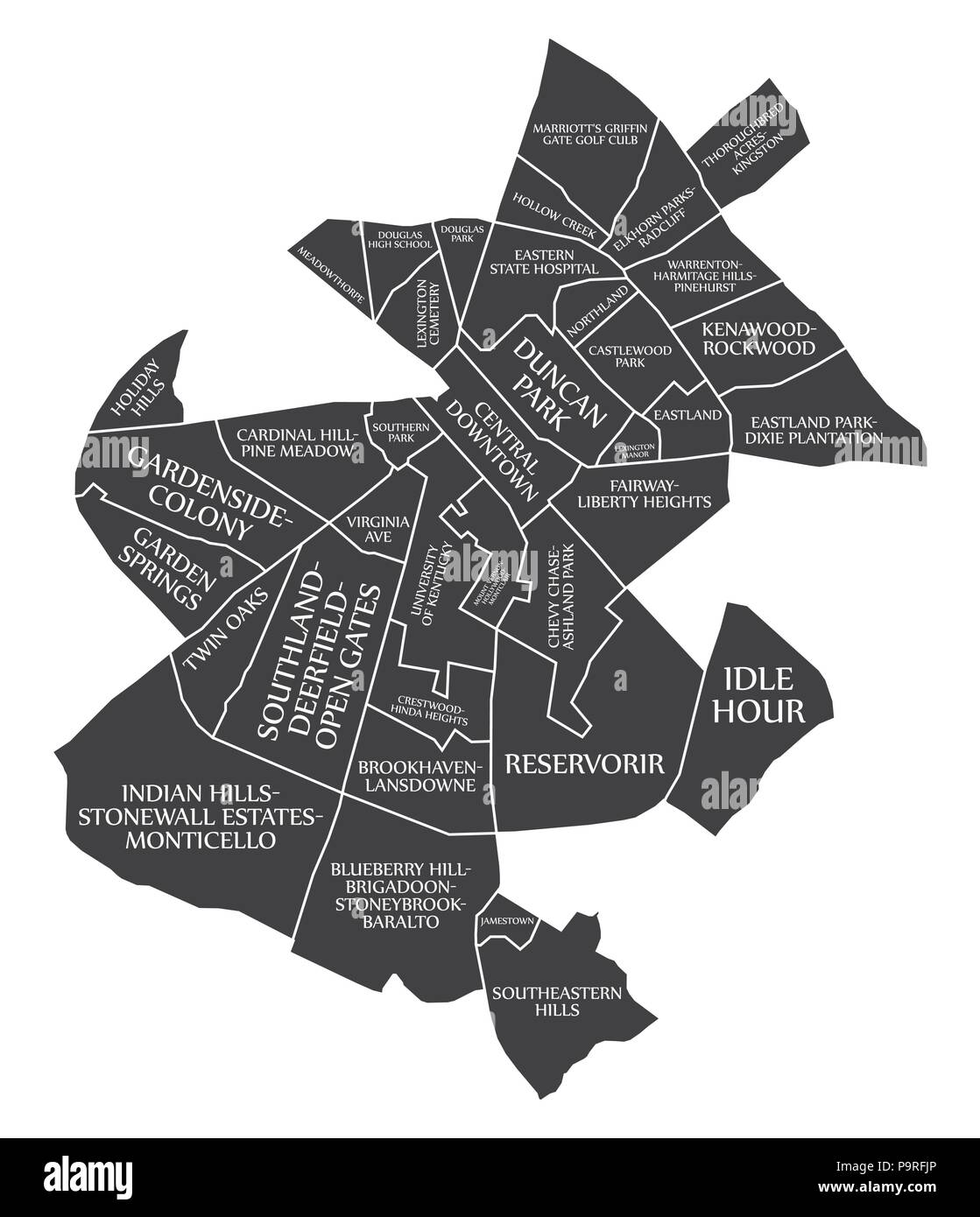 Lexington-Fayette Kentucky mappa della città USA etichettati illustrazione nero Illustrazione Vettoriale