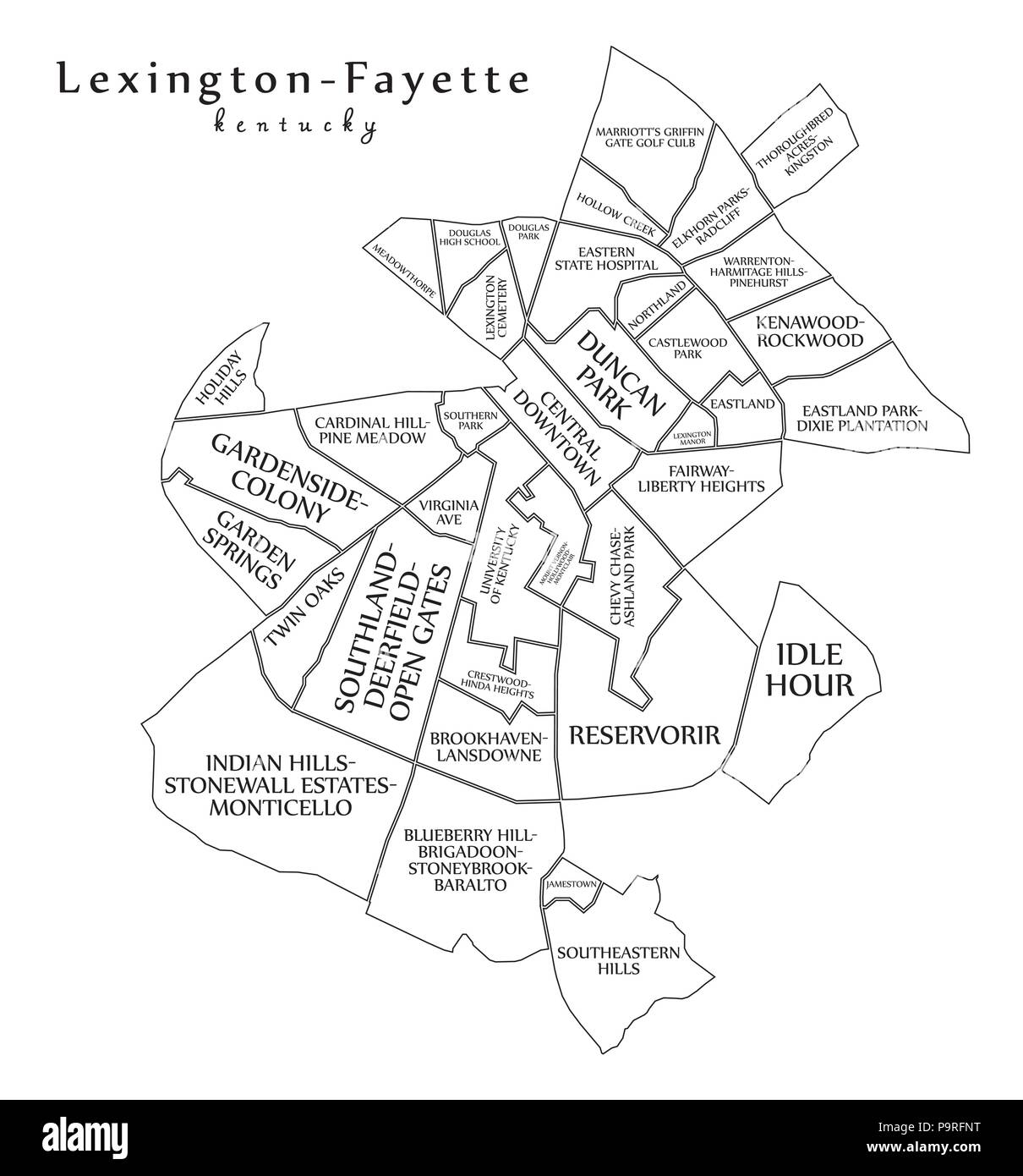 Città moderna mappa - Lexington-Fayette Kentucky città degli Stati Uniti con i quartieri e titoli contorno Illustrazione Vettoriale