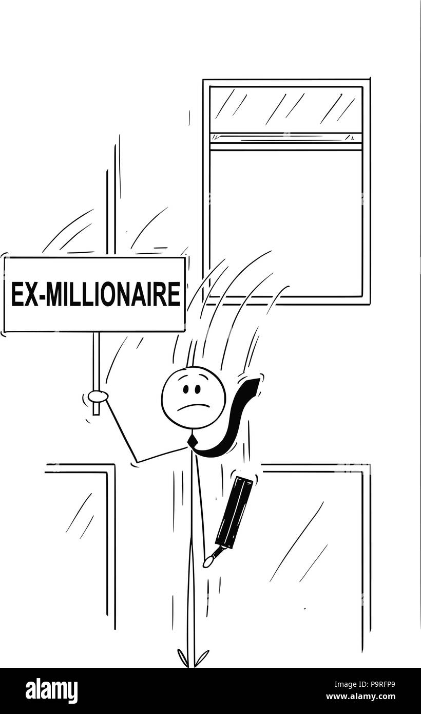 Cartoon di imprenditore o banchiere salta fuori la finestra con segno Ex-Millionaire Illustrazione Vettoriale