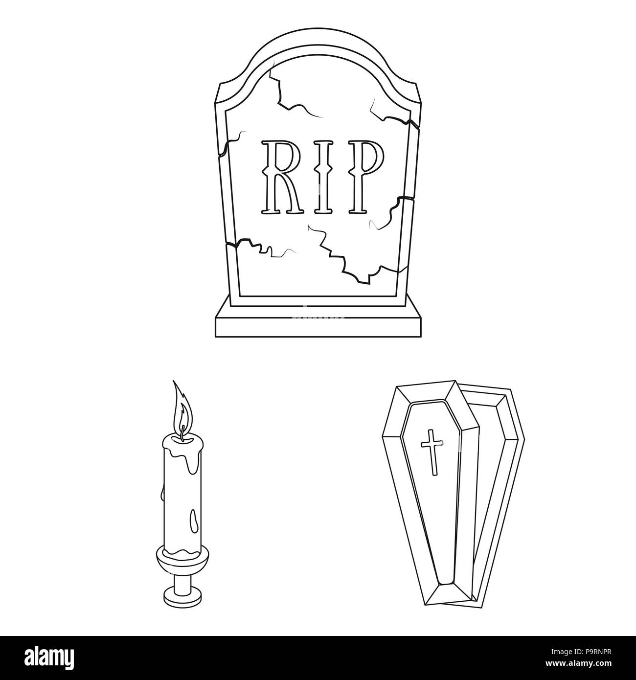 Cerimonia funebre delineare le icone nella raccolta di set per il design. Funerali e gli attributi del simbolo vettore illustrazione stock. Illustrazione Vettoriale