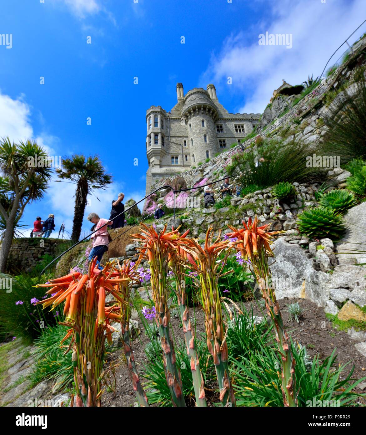 San Michele è il monte Castello e Giardini,Karrek Loos yn Koos,Marazion,Cornwall,l'Inghilterra,uk Foto Stock