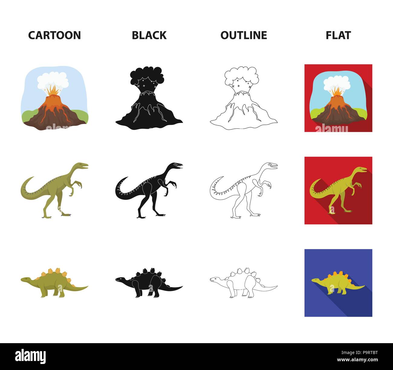 Eruzione vulcanica, gallimimus, stegosaurus,teschio di dinosauro. Dinosauro e periodo preistorico set di icone di raccolta in cartoon,Black,contorno,stile piatto ve Illustrazione Vettoriale
