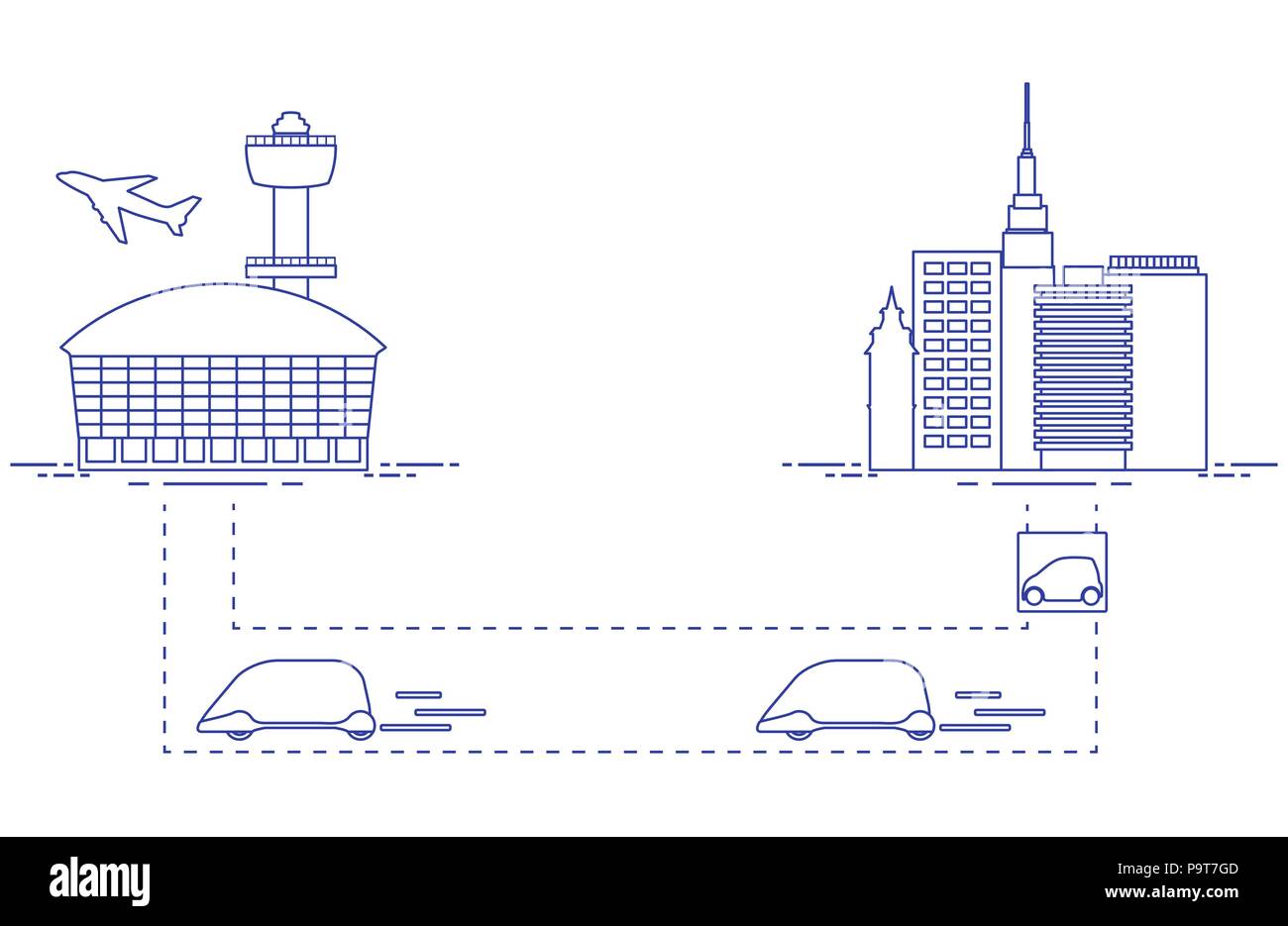 Alta velocità di trasporto di passeggeri dalla città all'aeroporto. Il progresso tecnico e scientifico. La nuova tecnologia. Illustrazione Vettoriale