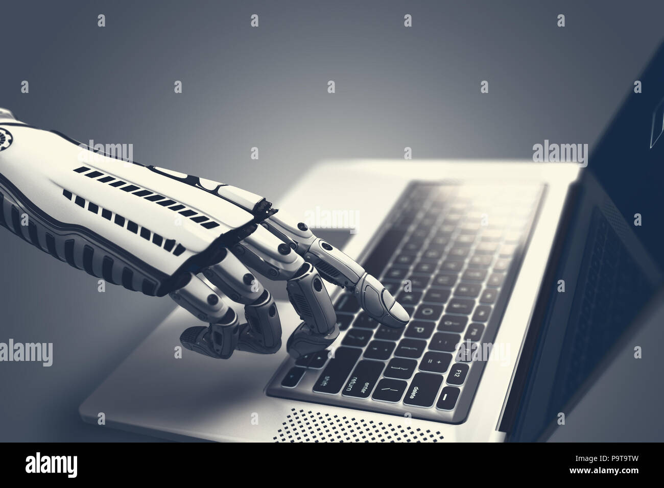 Robot futuristico digitando a mano e di lavoro con la tastiera portatile. Il braccio meccanico con il computer. 3D render su sfondo bianco Foto Stock
