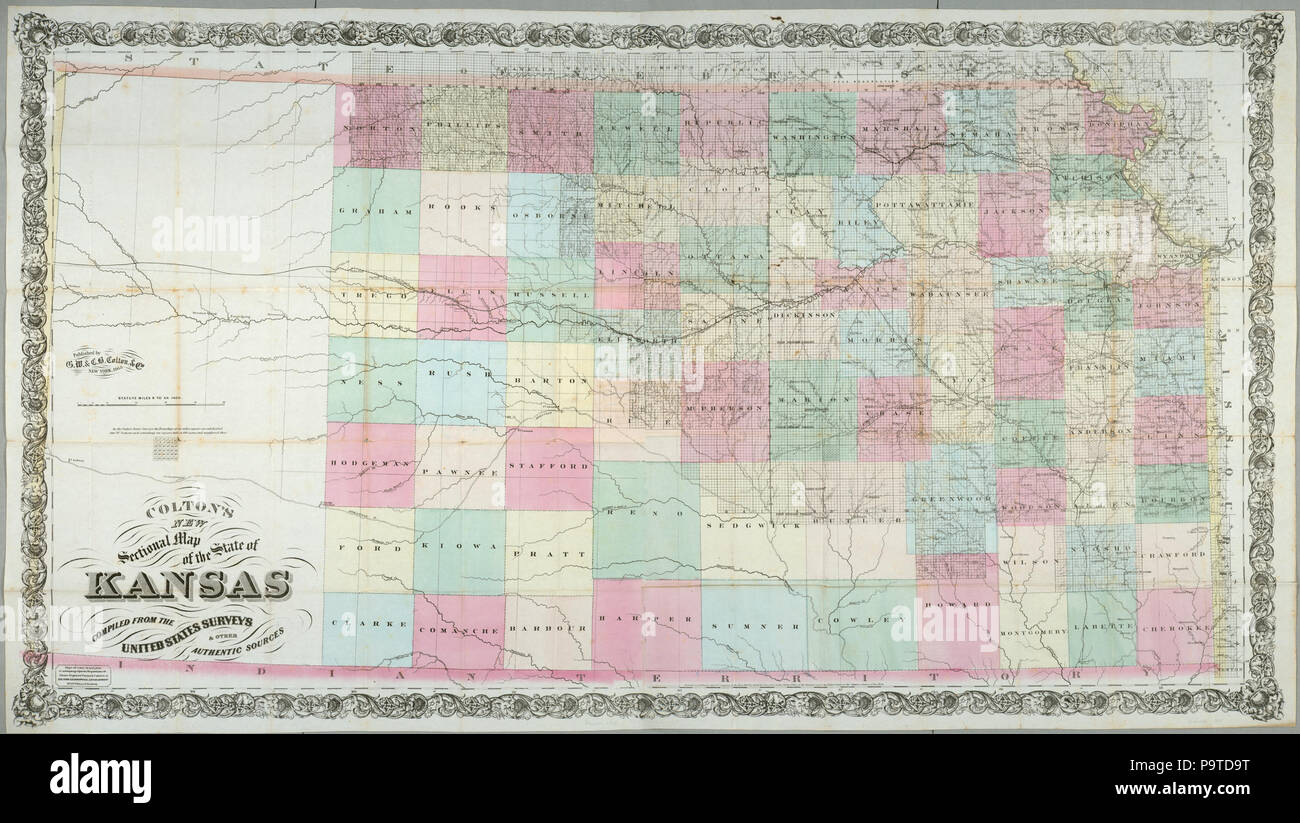 338 Colton la nuova mappa in sezione dello stato del Kansas - compilato dagli Stati Uniti sondaggi &AMP; altre fonti autentiche (NYPL b16126957-1952928) Foto Stock