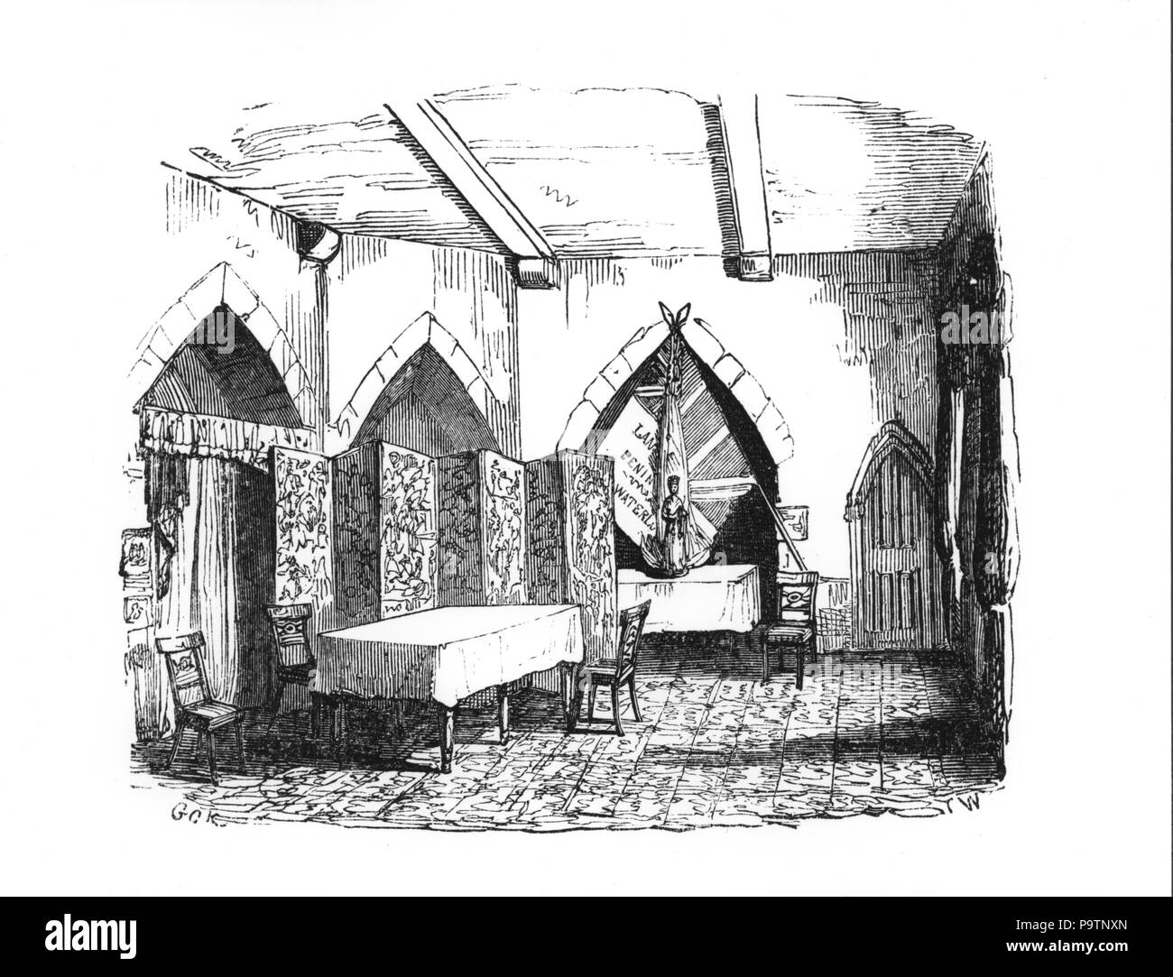 Incisione di George Cruikshank, State Prison Room nella Beauchamp Tower in uso come disordine per gli ufficiali. Dalla Torre di Londra con W.H.Ainsworth 1845 Foto Stock