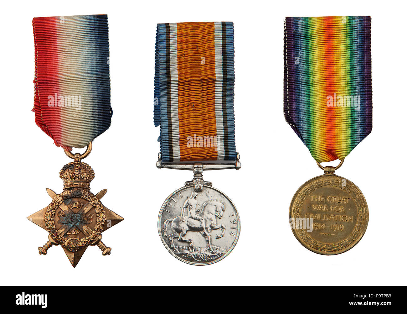 1914 Star Medal Trio, 1914 Star 'Pip', British War Medal 'Squeak', Victory Medal 'Wilfred' emessa al sergente Thomas Queenan 1st West Yorkshire Regiment Foto Stock
