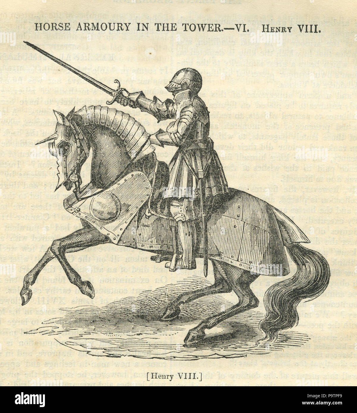 Incisione di "Horse Armoury in the Tower, vi, Enrico VIII" in armatura a cavallo dal Penny Magazine 1840 Foto Stock
