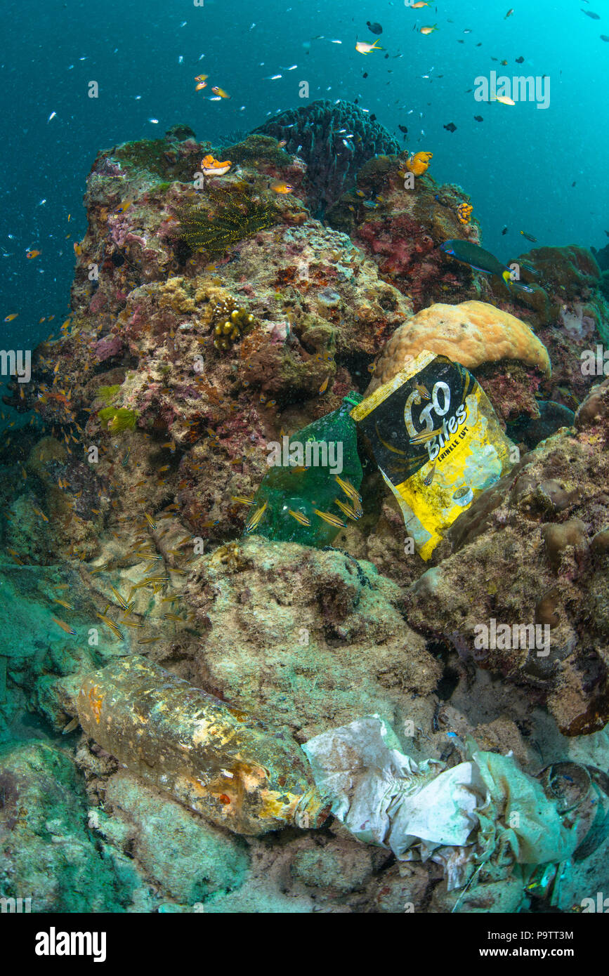 Foto subacquee di immondizia di plastica inquinamento sul fondale marino su una scogliera di corallo di Isola di Mabul, Sabah, Malaysia. Foto Stock