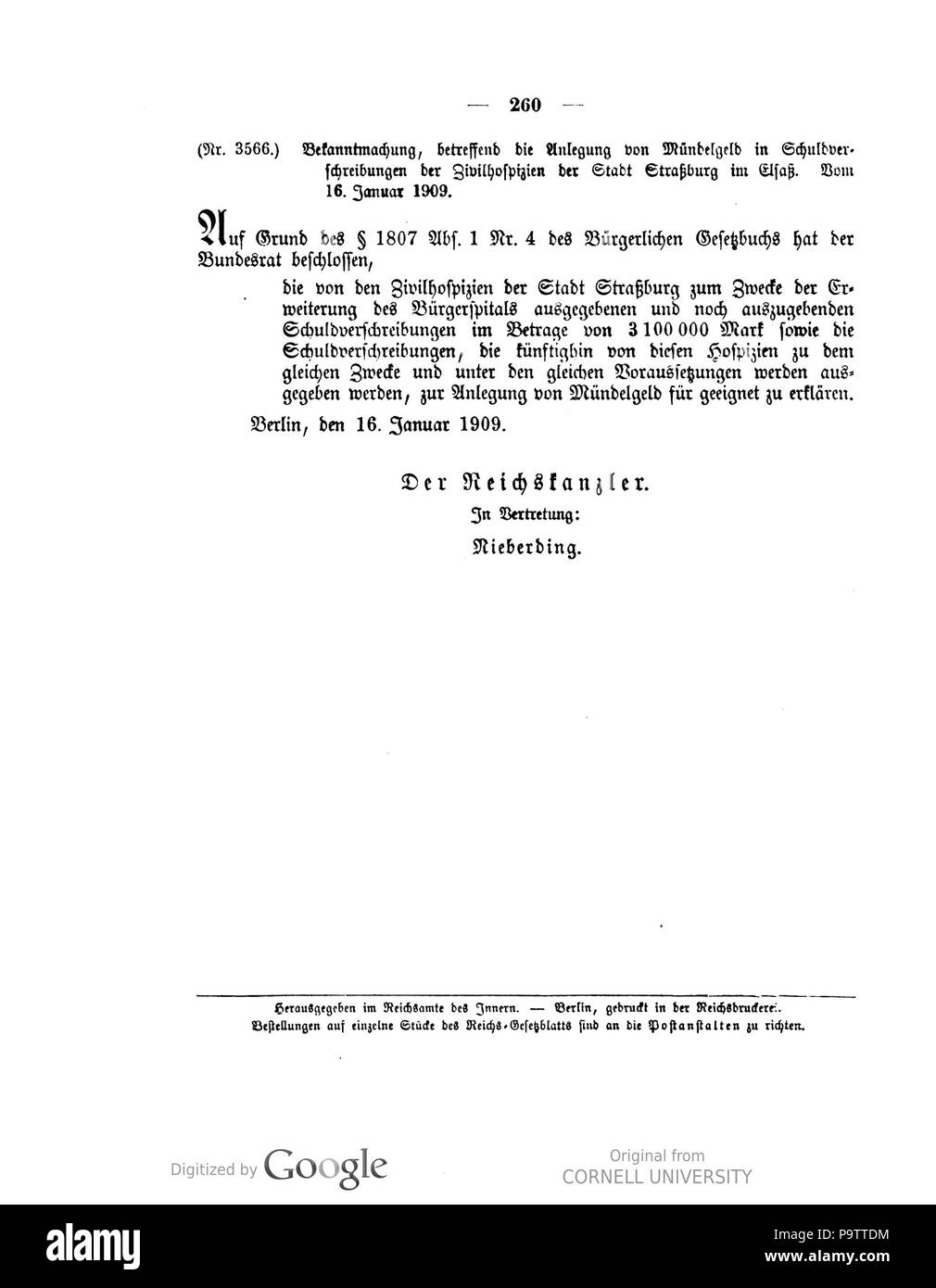 431 Deutsches Reichsgesetzblatt 1909 006 0260 Foto Stock