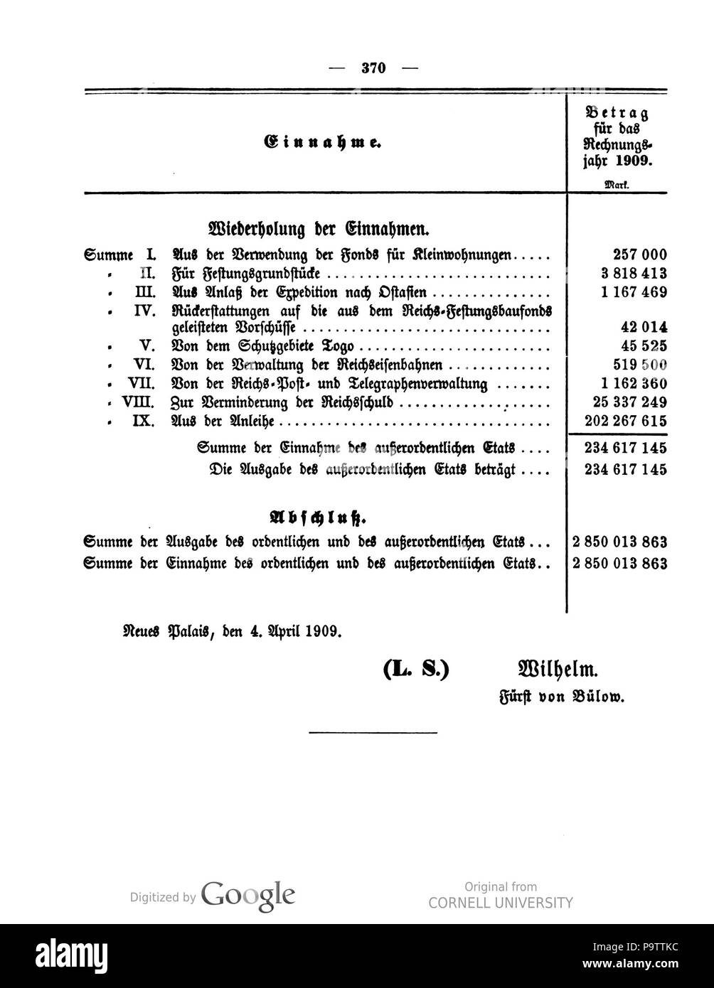 432 Deutsches Reichsgesetzblatt 1909 019 0370 Foto Stock