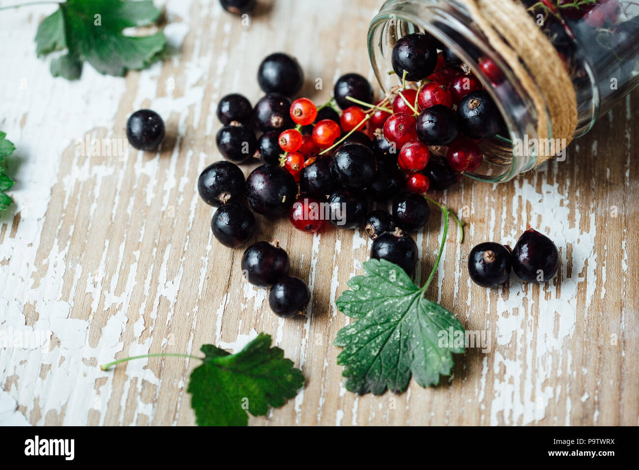 Maturi freschi ribes rosso e nero sullo sfondo di un tavolo di legno. Sfondo di legno Foto Stock