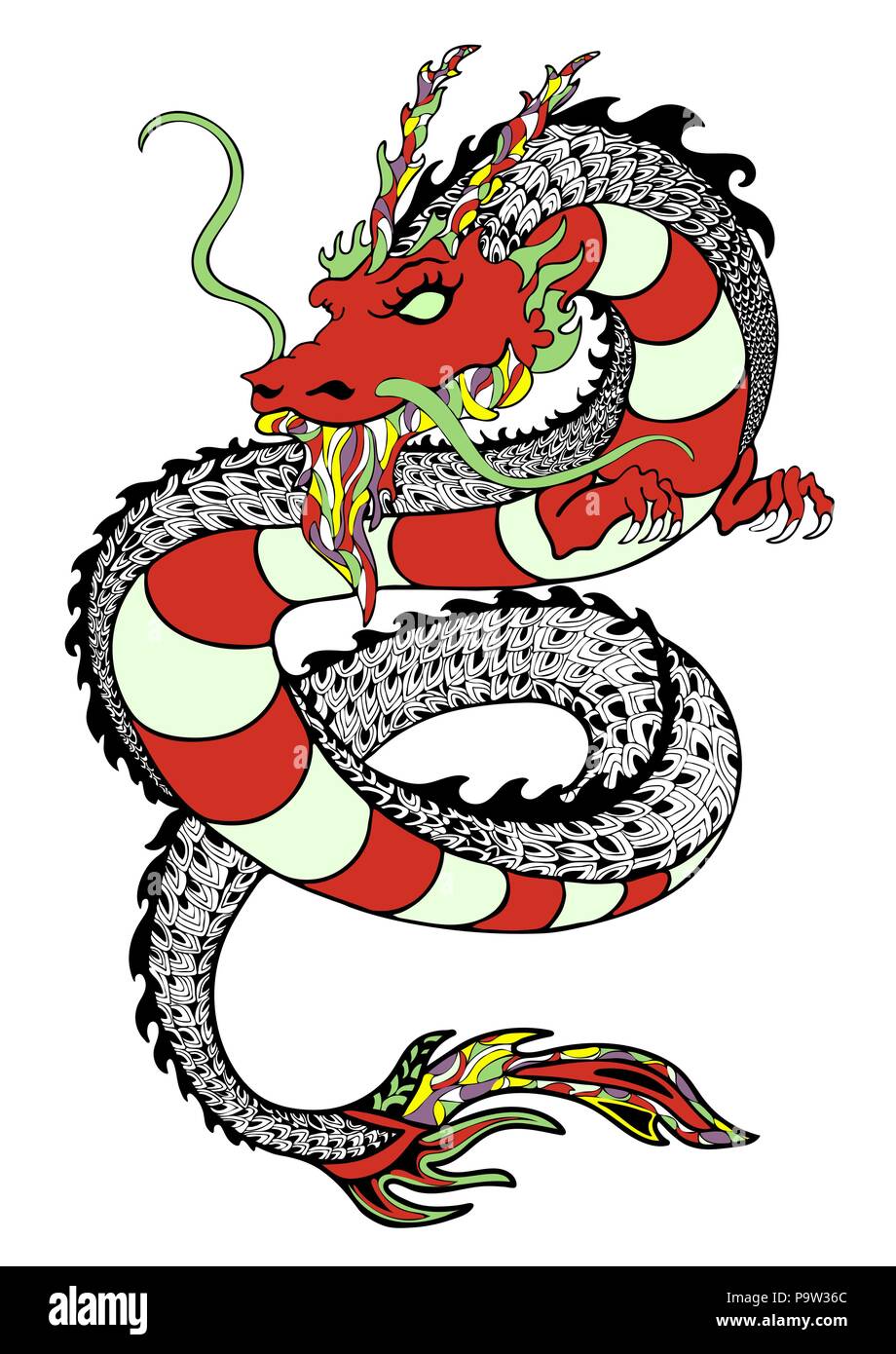 Dragon, decorativo del disegno a mano, stampa tattoo sketch, adesivo. Colorato serpente disegnato con motivi e molti isolati dettagliata su sfondo bianco. Vec Illustrazione Vettoriale