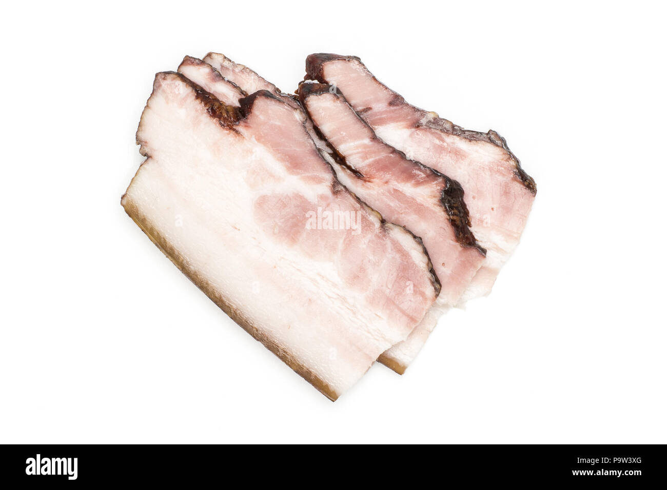 Gruppo di tre fette di bacon inglese flatlay isolato su bianco Foto Stock