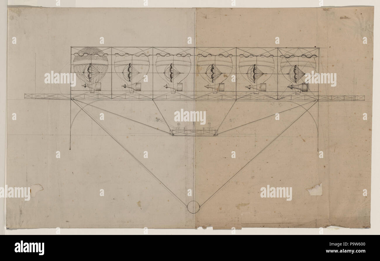 386 disegno di progetto per un sistema di navigazione per un dirigibile che impiega sei palloni e paracadute, un deck, delle sovrastrutture e cesto inferiore LCCN2002722690 Foto Stock