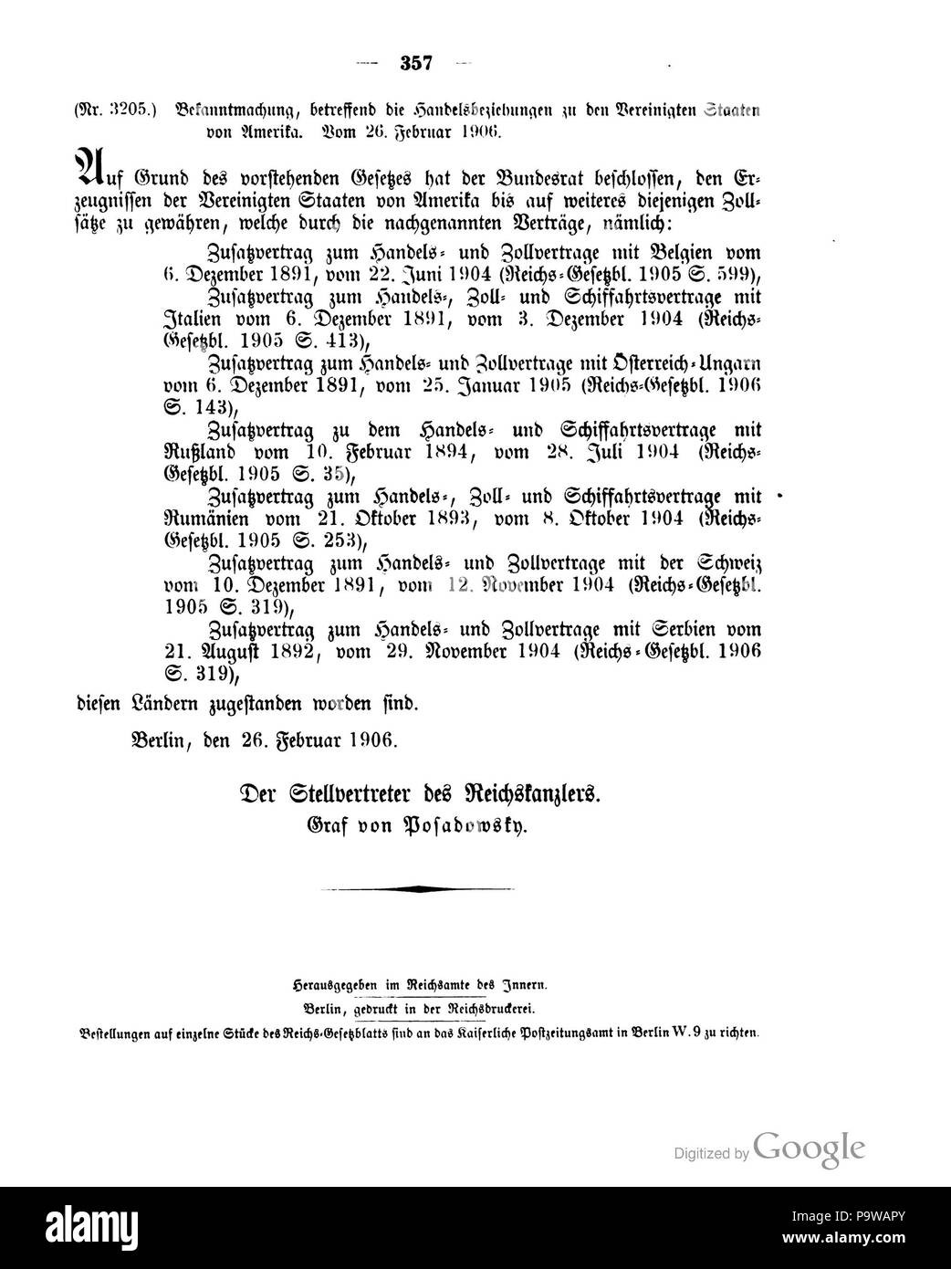 418 Deutsches Reichsgesetzblatt 1906 011 357 Foto Stock