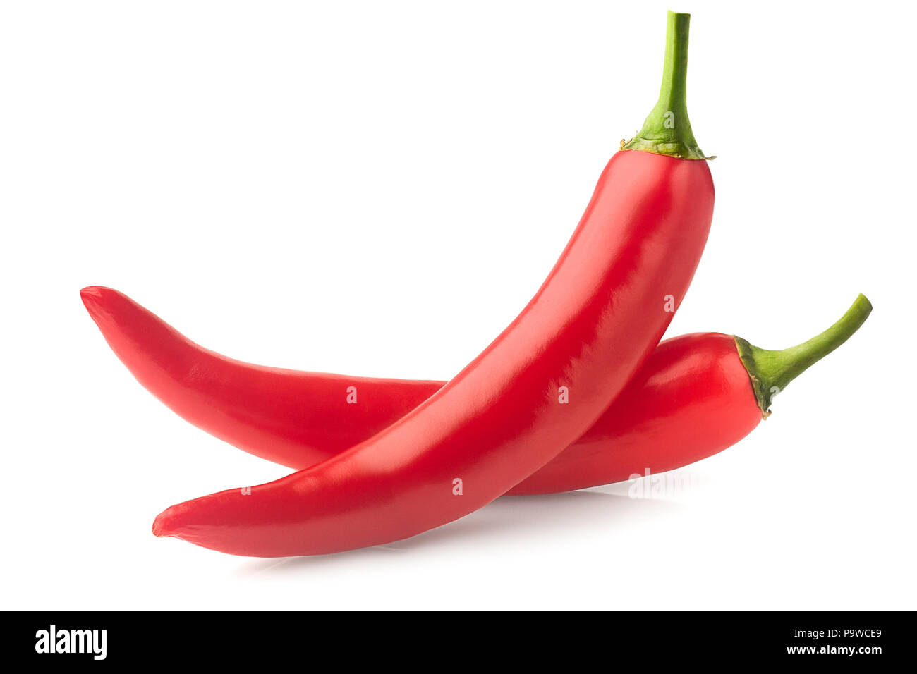 Due nuove materie red hot chili peppers su sfondo bianco, isolat Foto Stock