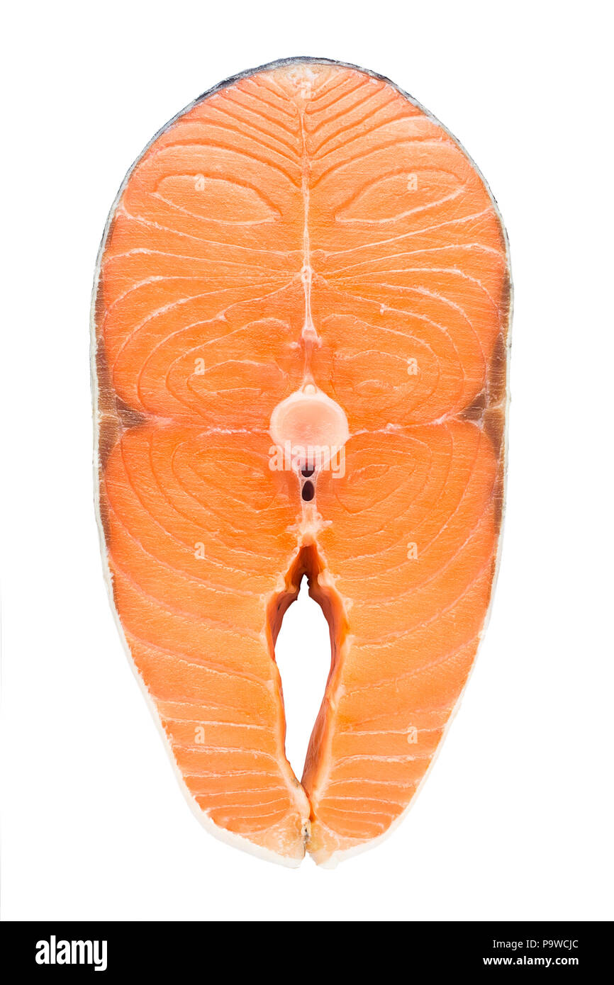 Un pezzo di fresco pesce Salmone su uno sfondo bianco isolato, Foto Stock