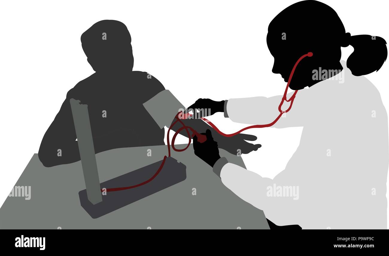 Medico donna pazienti di misurazione della pressione sanguigna silhouette - vettore Illustrazione Vettoriale