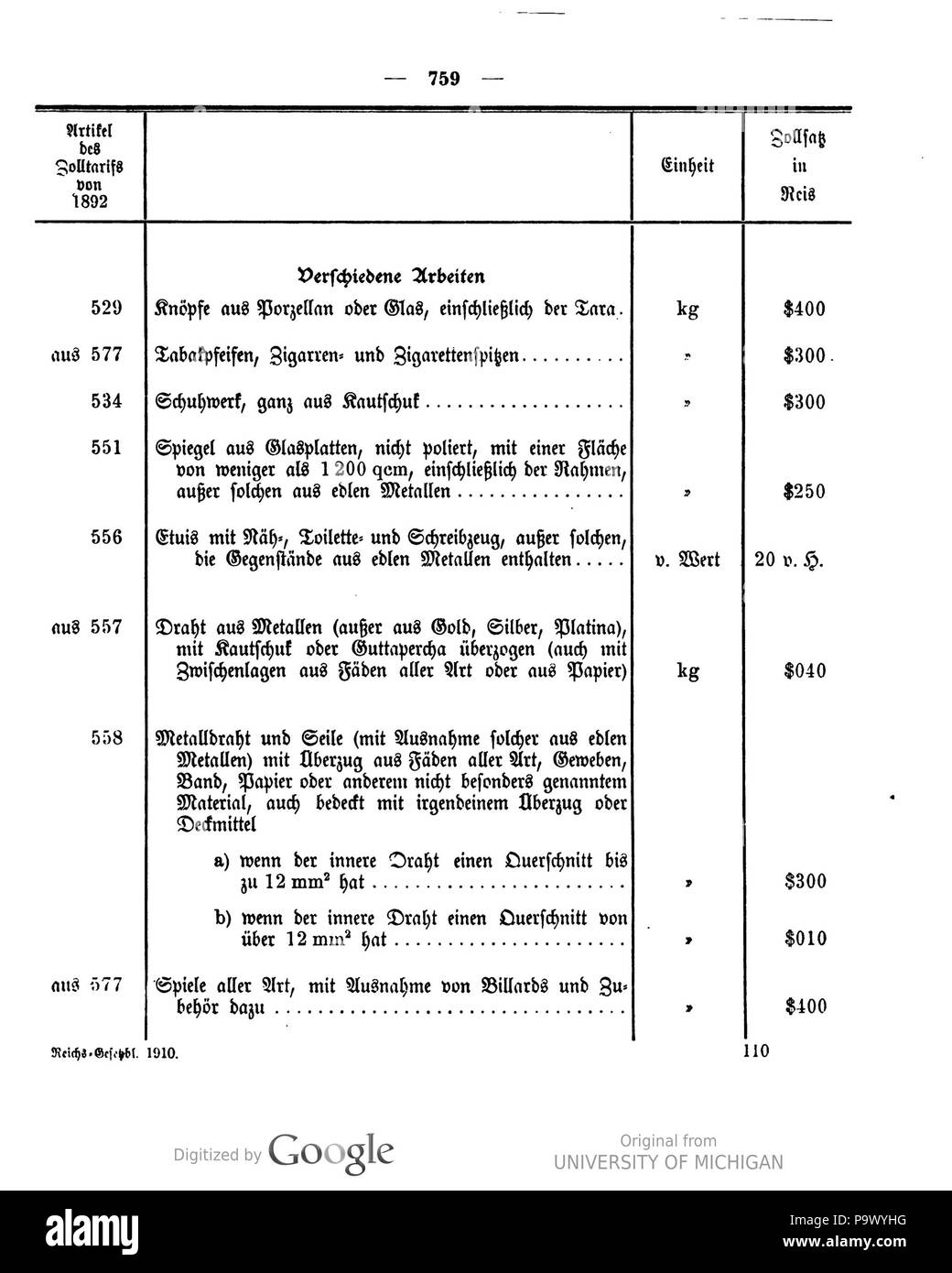 439 Deutsches Reichsgesetzblatt 1910 025 0759 Foto Stock
