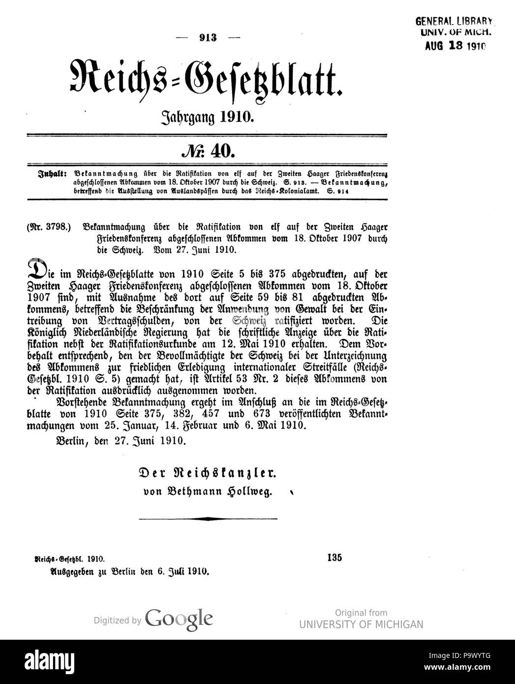 440 Deutsches Reichsgesetzblatt 1910 040 0913 Foto Stock
