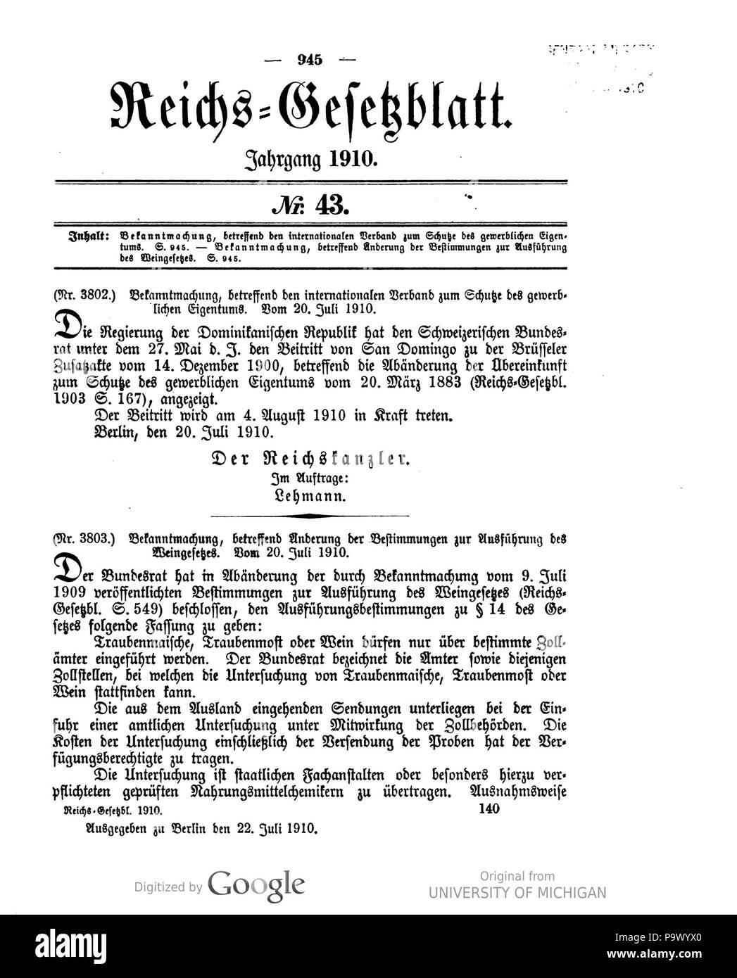 440 Deutsches Reichsgesetzblatt 1910 043 0945 Foto Stock