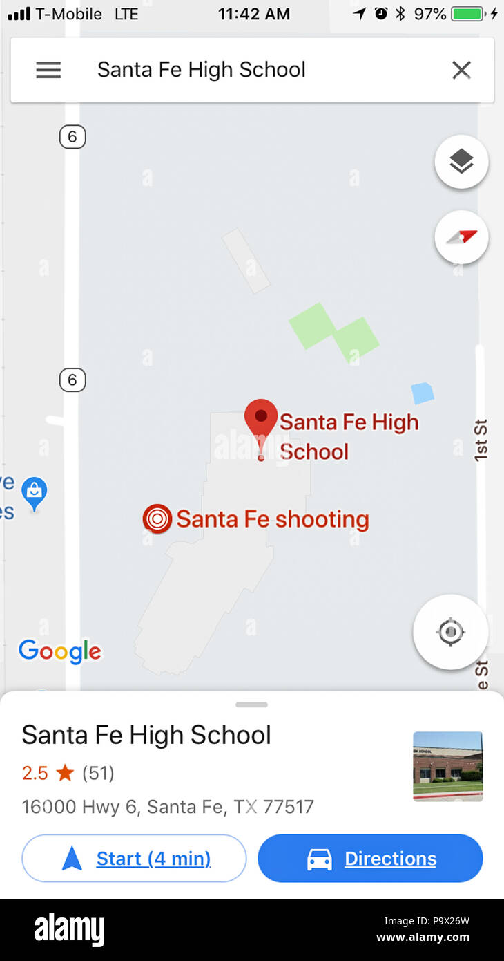 Città di Santa Fe, Texas - 18 Maggio 2018: attivo della scena del crimine in seguito ad una ripresa in Santa Fe di alta scuola su Google Maps Foto Stock