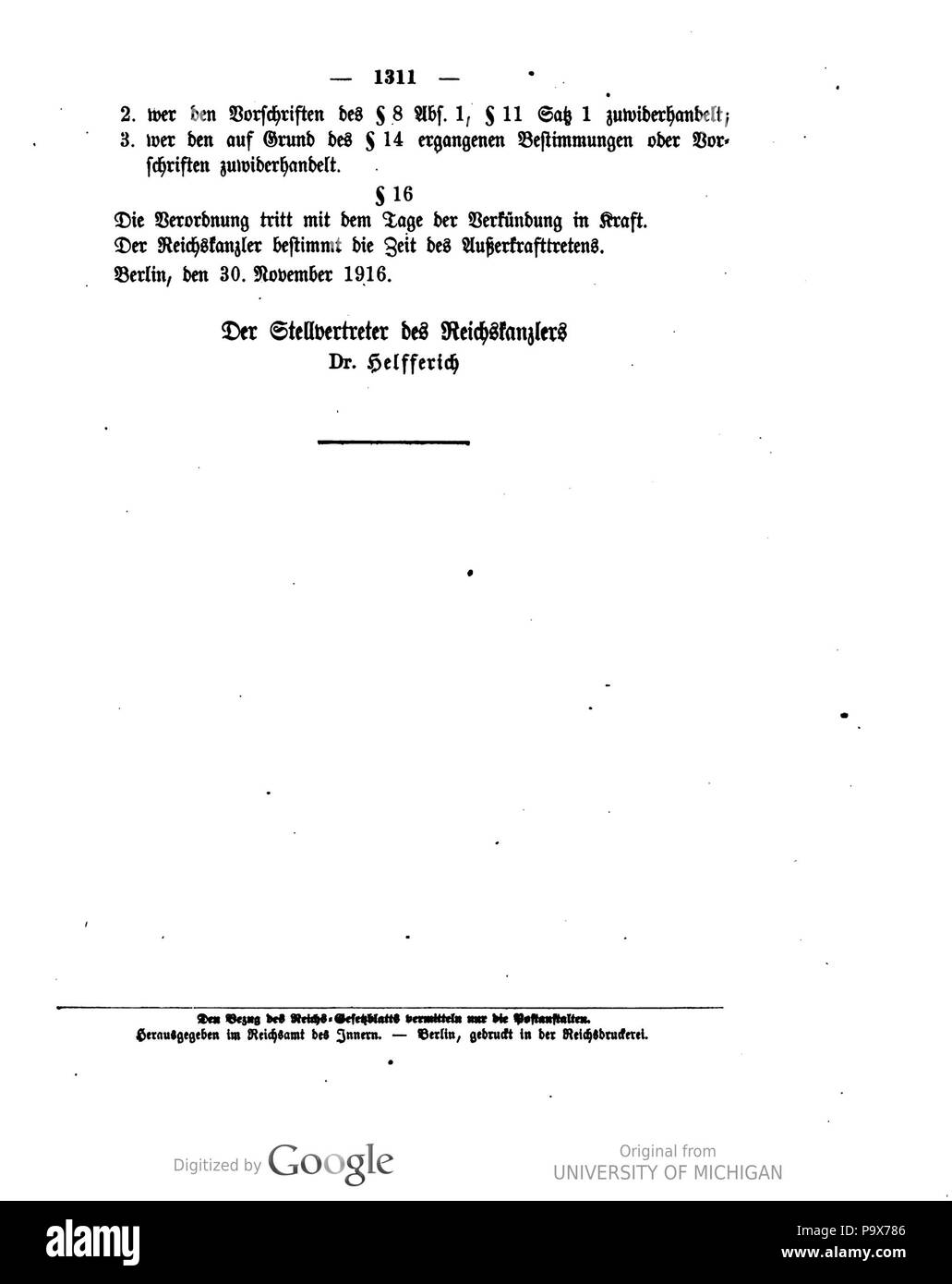 469 Deutsches Reichsgesetzblatt 1916 270 1311 Foto Stock