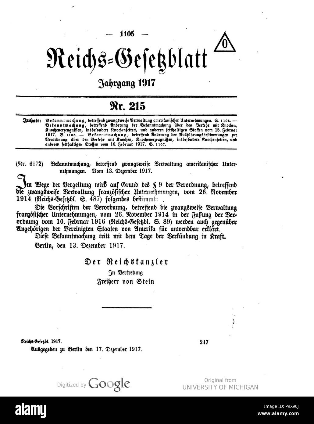 476 Deutsches Reichsgesetzblatt 1917 215 1105 Foto Stock