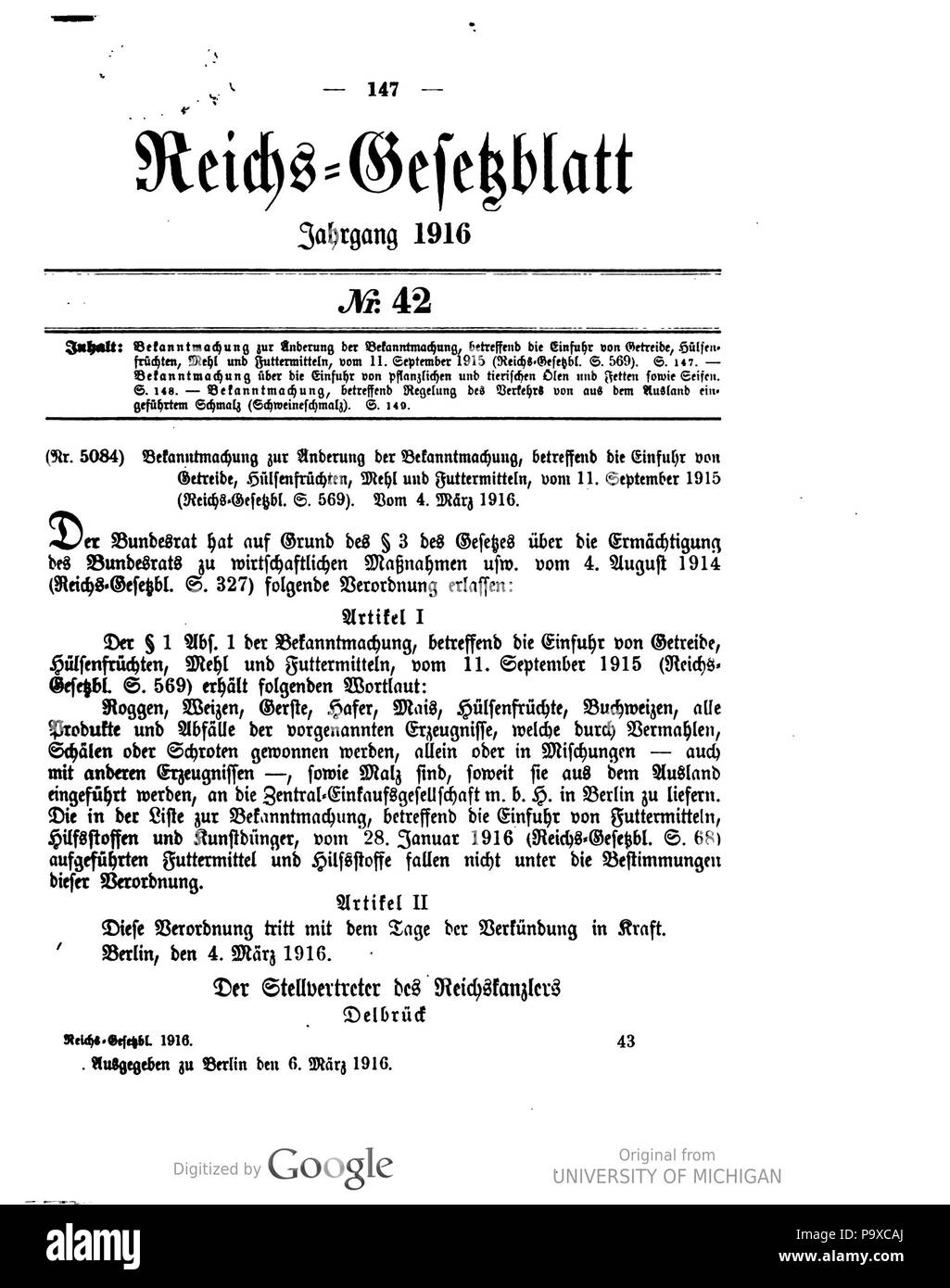 463 Deutsches Reichsgesetzblatt 1916 042 0147 Foto Stock