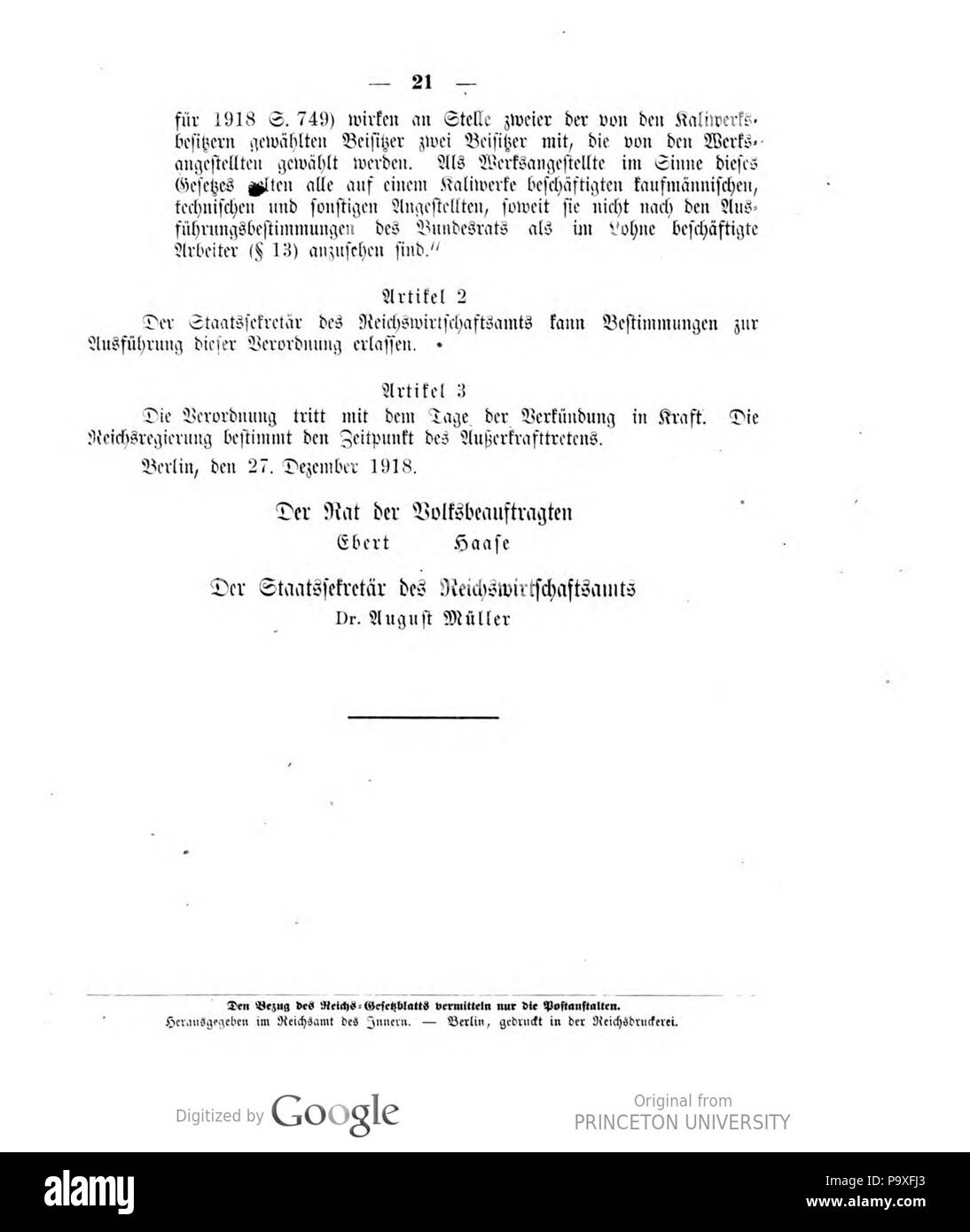 486 Deutsches Reichsgesetzblatt 1919 005 0021 Foto Stock