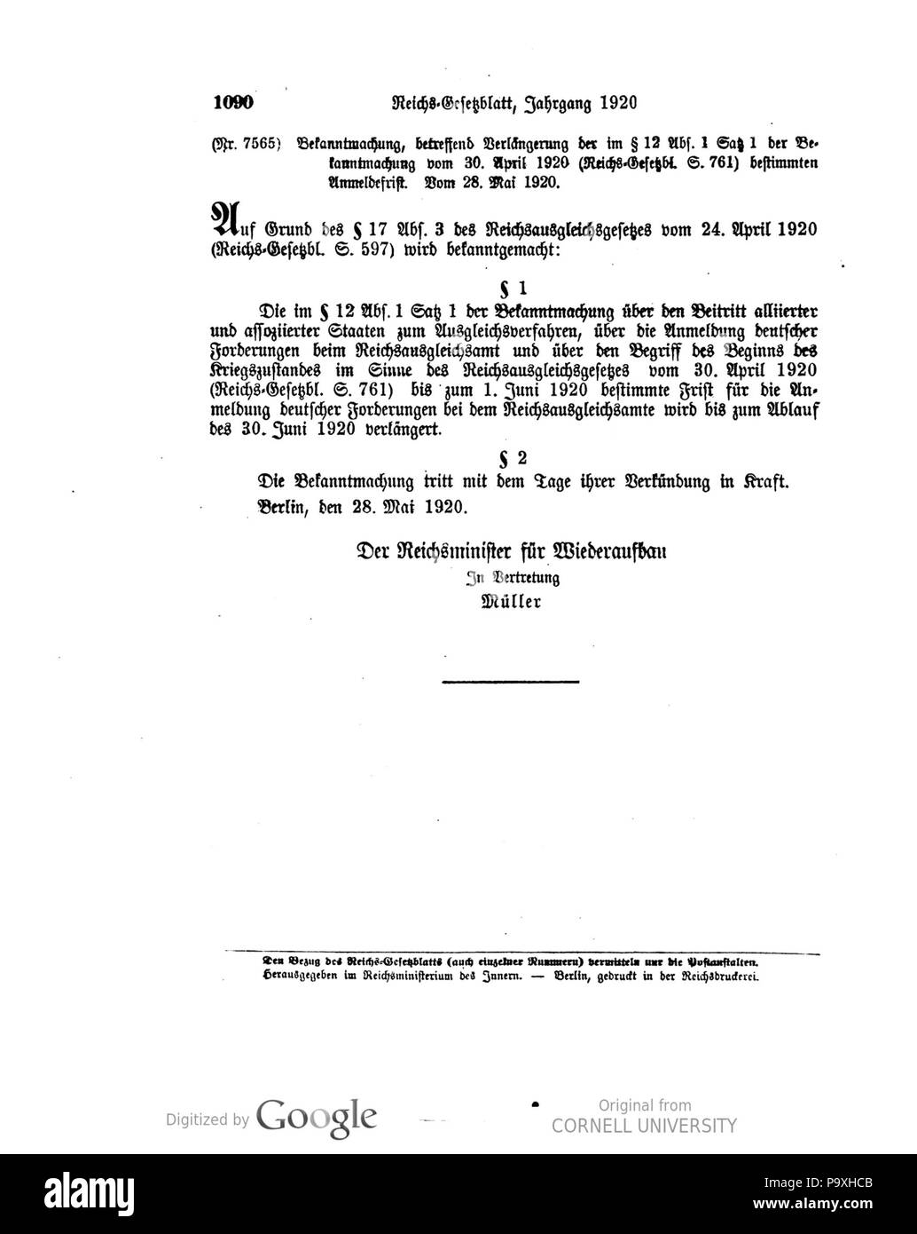 504 Deutsches Reichsgesetzblatt 1920 117 1090 Foto Stock