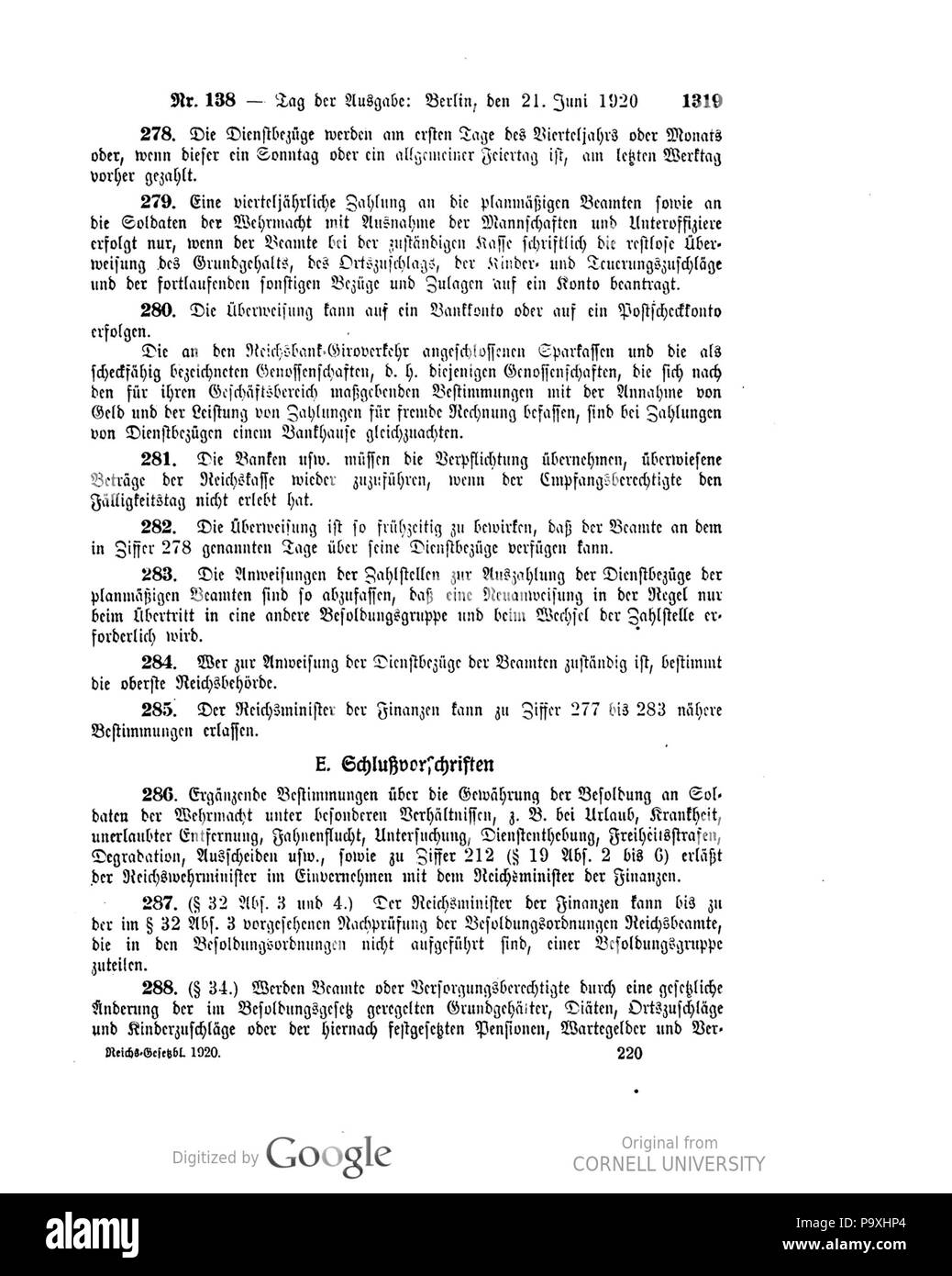 505 Deutsches Reichsgesetzblatt 1920 138 1319 Foto Stock