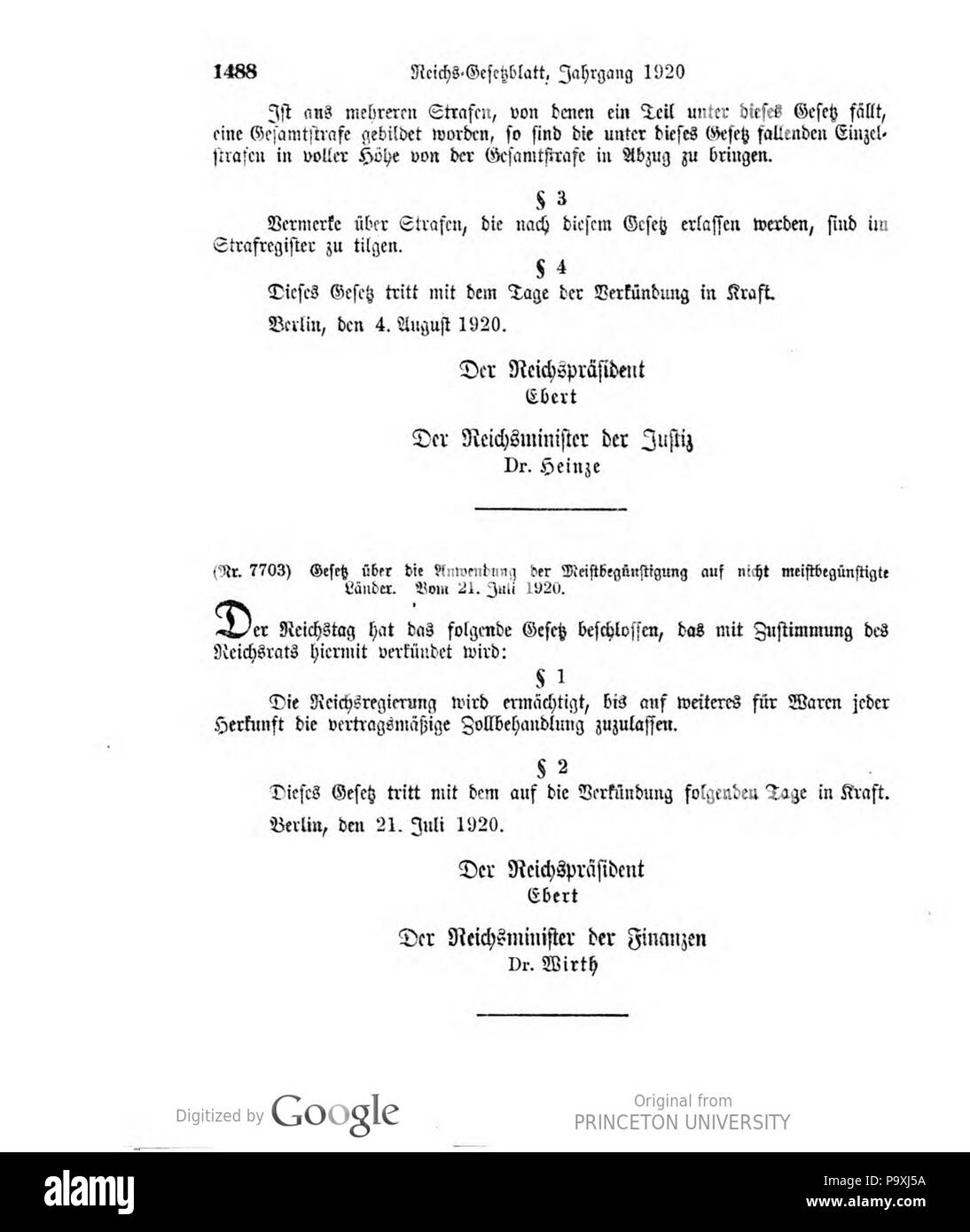 506 Deutsches Reichsgesetzblatt 1920 163 1488 Foto Stock