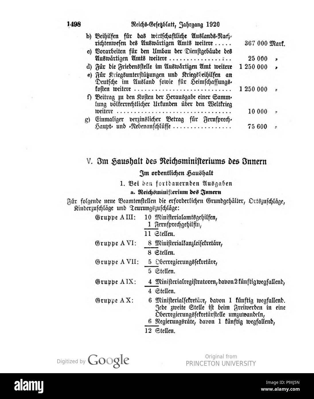506 Deutsches Reichsgesetzblatt 1920 166 1498 Foto Stock
