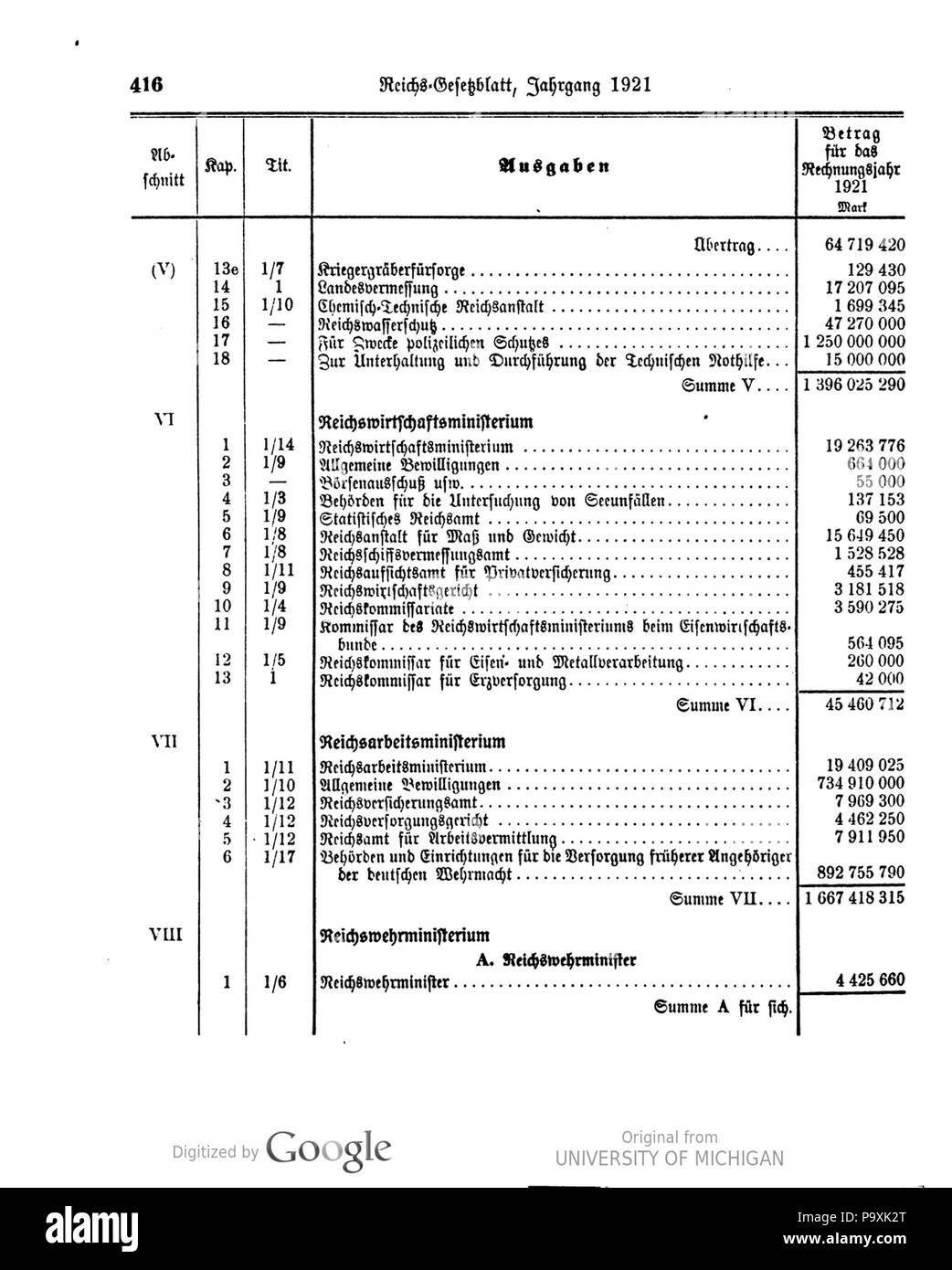 513 Deutsches Reichsgesetzblatt 1921 039 0416 Foto Stock