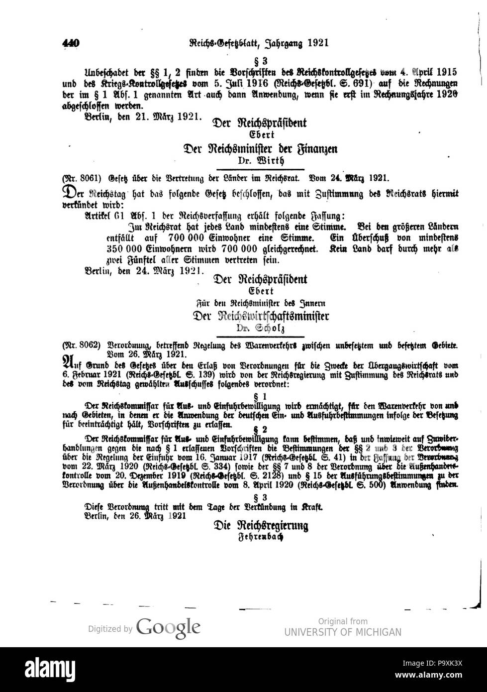 513 Deutsches Reichsgesetzblatt 1921 040 0440 Foto Stock