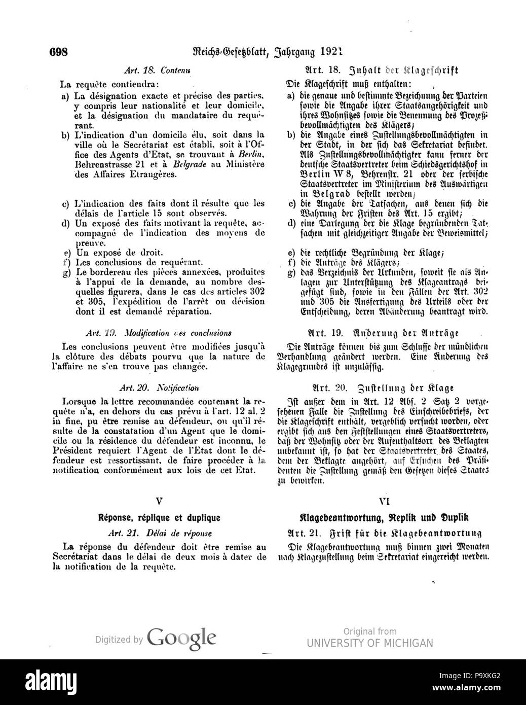 515 Deutsches Reichsgesetzblatt 1921 056 0698 Foto Stock