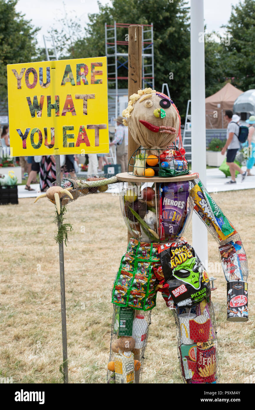 Siamo quello che mangiamo childs scultura realizzata da imballaggi alimentari ad RHS Hampton Court flower show 2018. Londra. Regno Unito Foto Stock