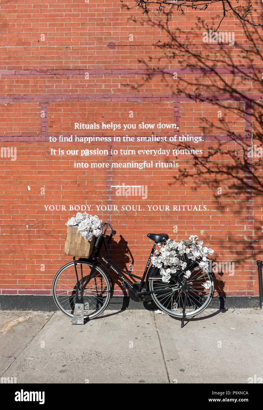 Rosso la parete in mattoni con citazioni ispiratrici di Williamsburg di Brooklyn, a New York City, Stati Uniti d'America Foto Stock