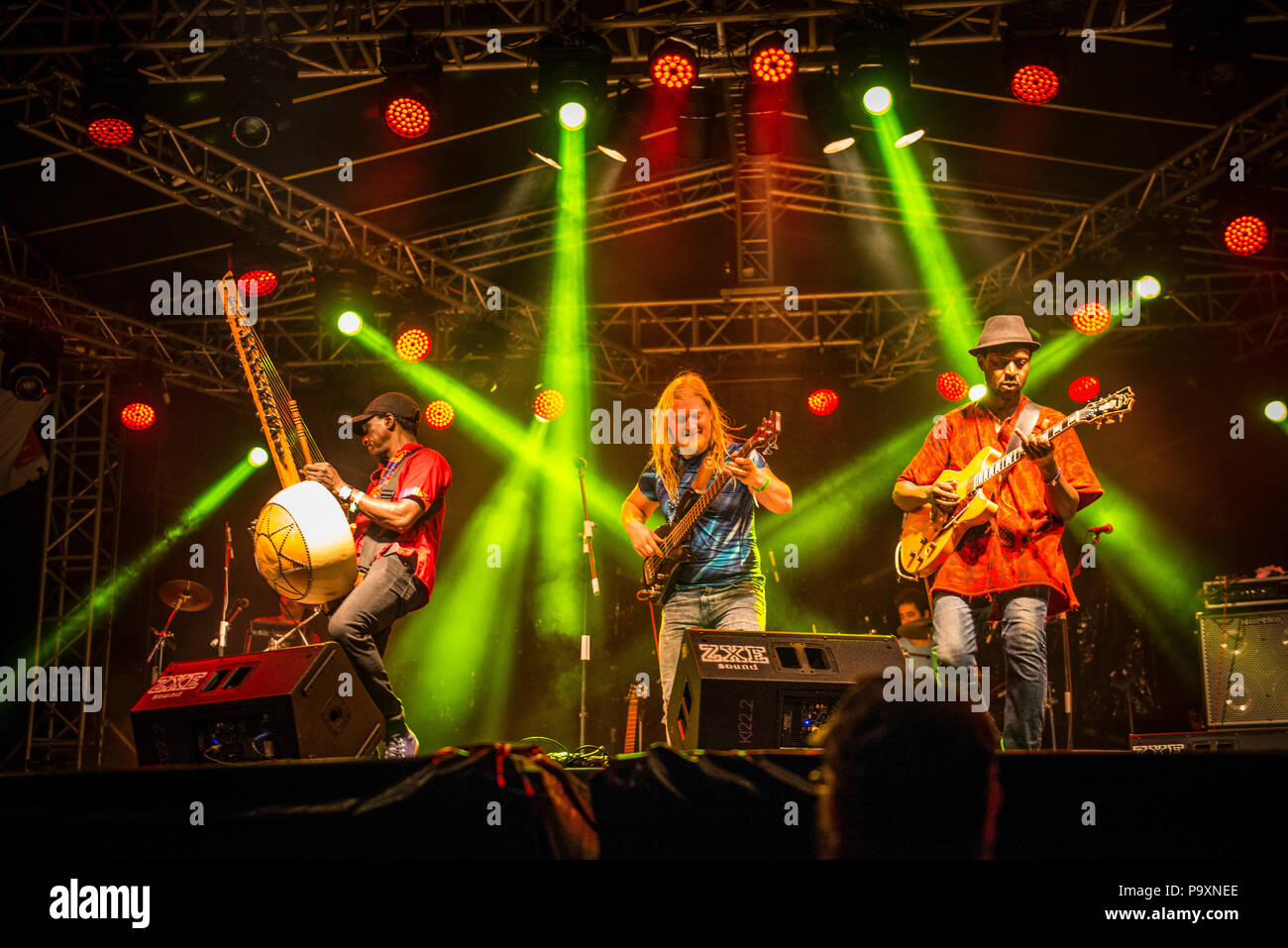 I membri della banda della Guinea 'Djeli Moussa Conde' effettuando al Rainforest World Music Festival 2018 in Sarawak, Malaysia. (Borneo). Foto Stock