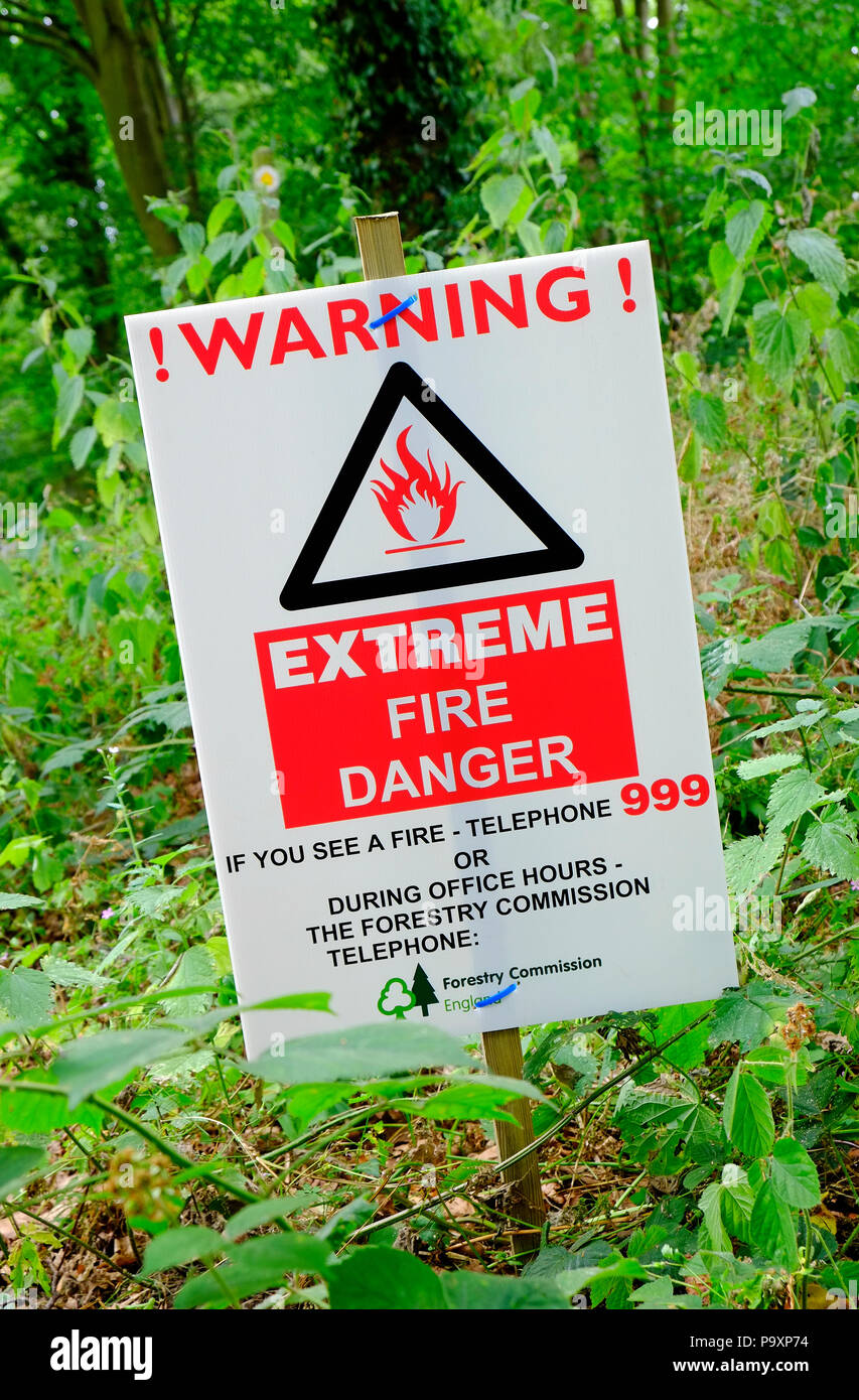 Extreme di avvertimento pericolo di incendio segno nel bosco, Norfolk, Inghilterra Foto Stock