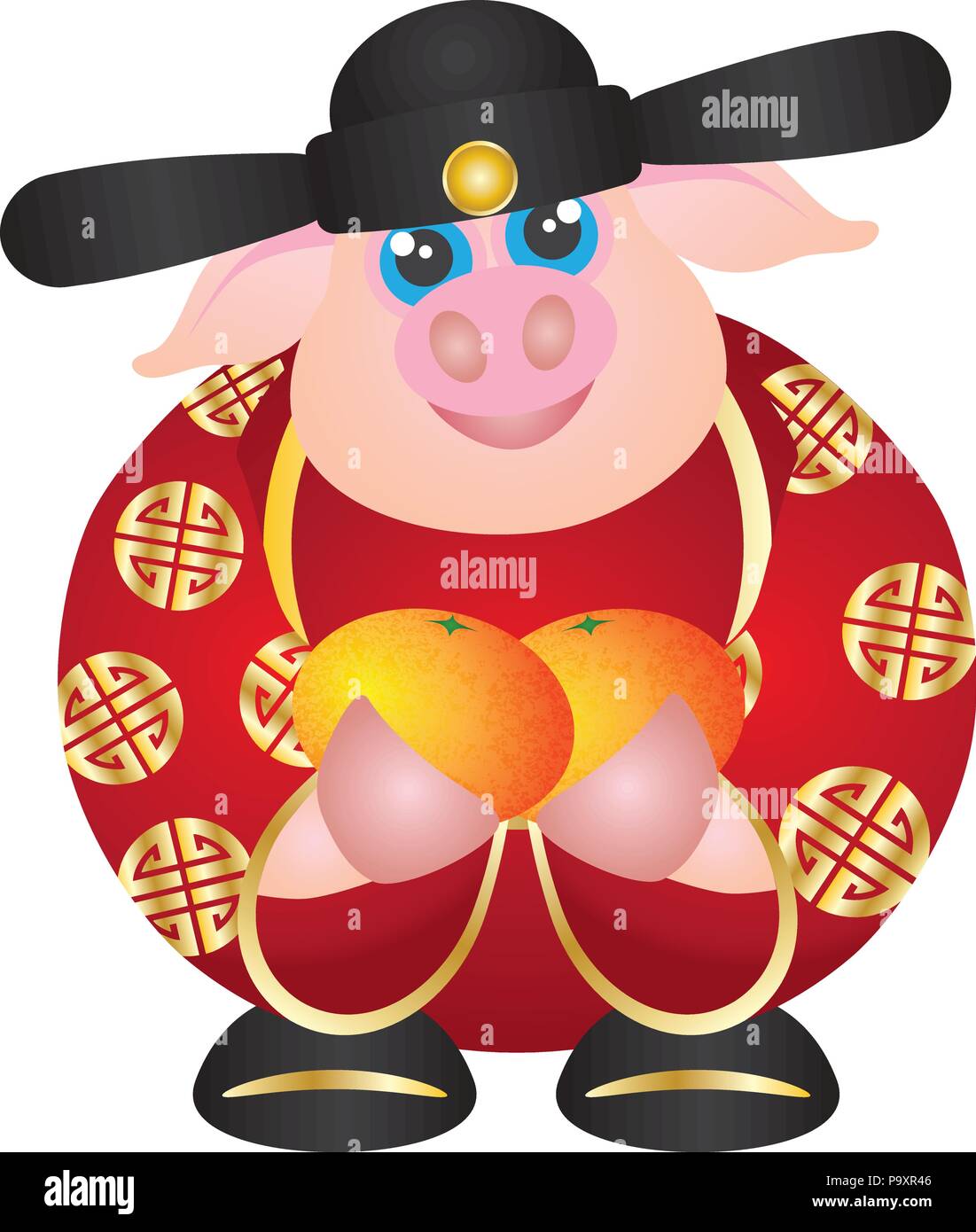 2019 Felice nuovo anno lunare cinese del maiale prosperità dio denaro azienda mandarini arance illustrazione isolati su sfondo bianco Illustrazione Vettoriale